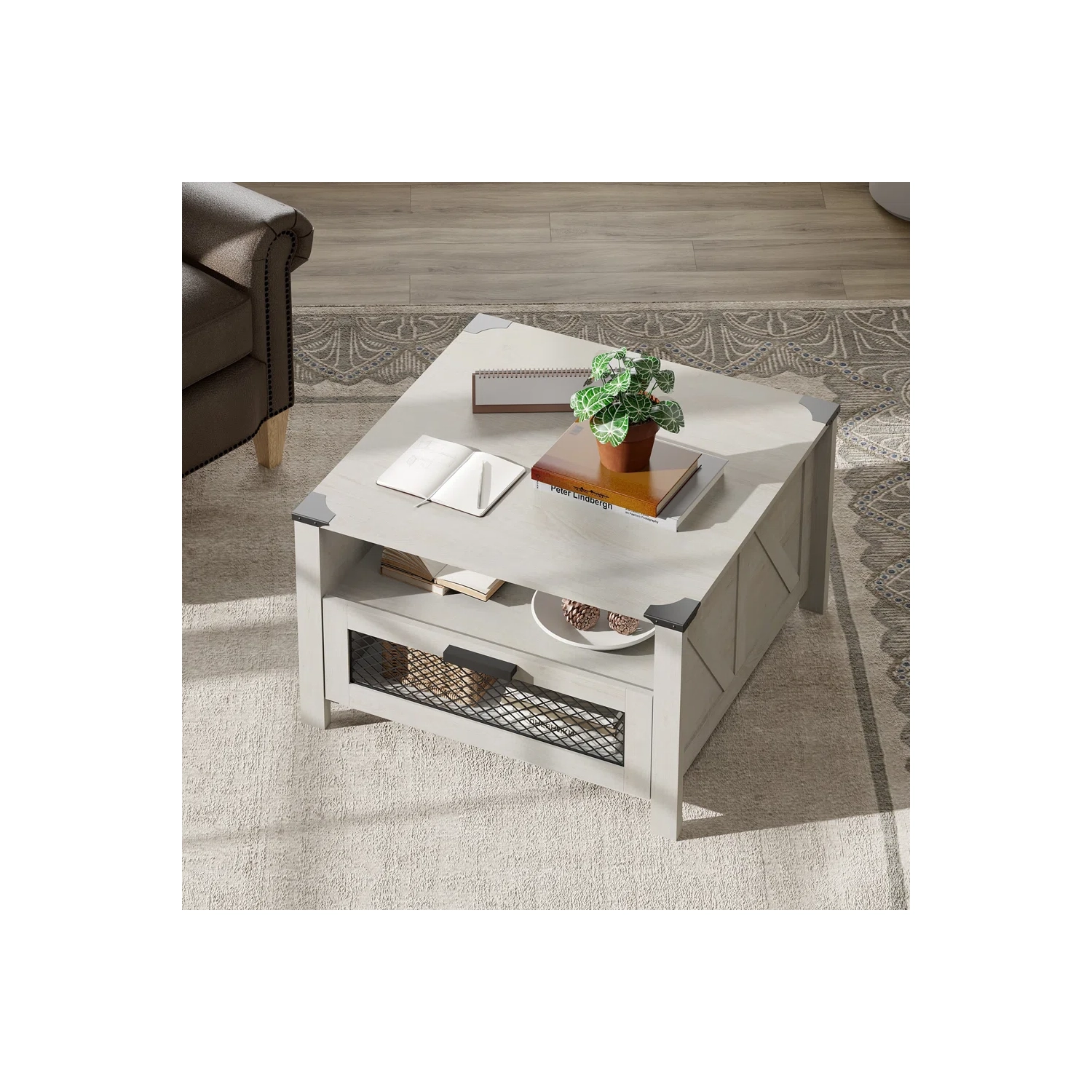 WAMPAT Coffee Table for Living Room,Drawer Coffee Table with Storage,Square Accent Furniture with 2 Compartments Open Shelf,Antique White