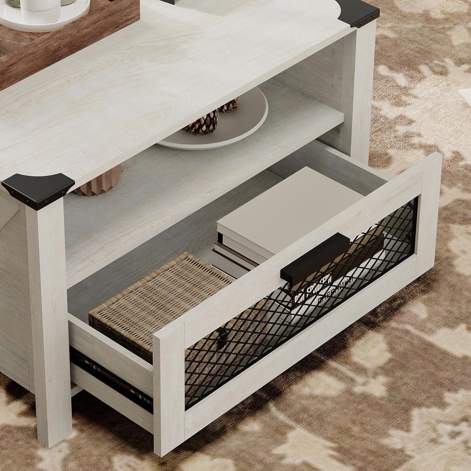 WAMPAT Coffee Table for Living Room,Drawer Coffee Table with Storage,Square Accent Furniture with 2 Compartments Open Shelf,Antique White