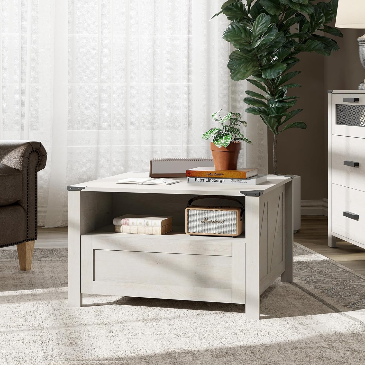 WAMPAT Coffee Table for Living Room,Drawer Coffee Table with Storage,Square Accent Furniture with 2 Compartments Open Shelf,Antique White