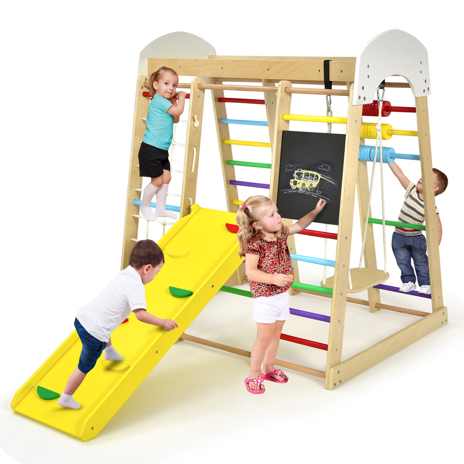 Costway Indoor Playground Climbing Gym Kids Wooden 8 in 1 Climber Playset for Children