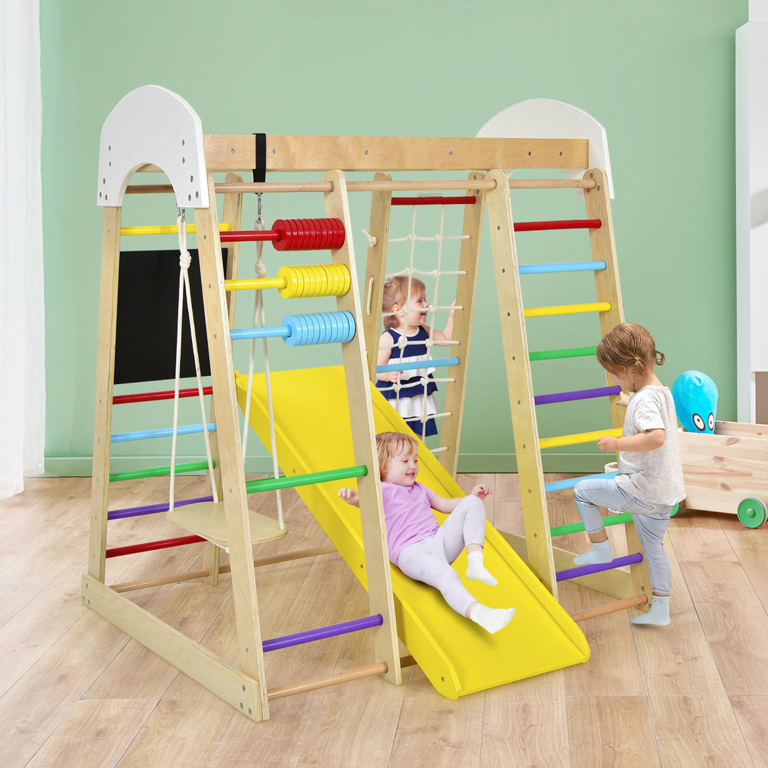 Costway Indoor Playground Climbing Gym Kids Wooden 8 in 1 Climber Playset for Children