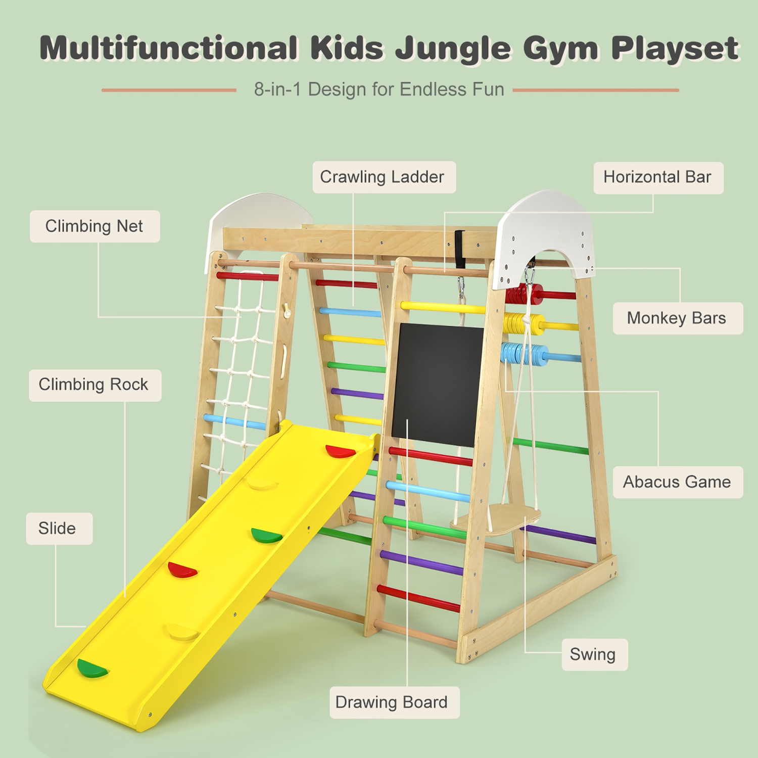 Costway Indoor Playground Climbing Gym Kids Wooden 8 in 1 Climber Playset for Children