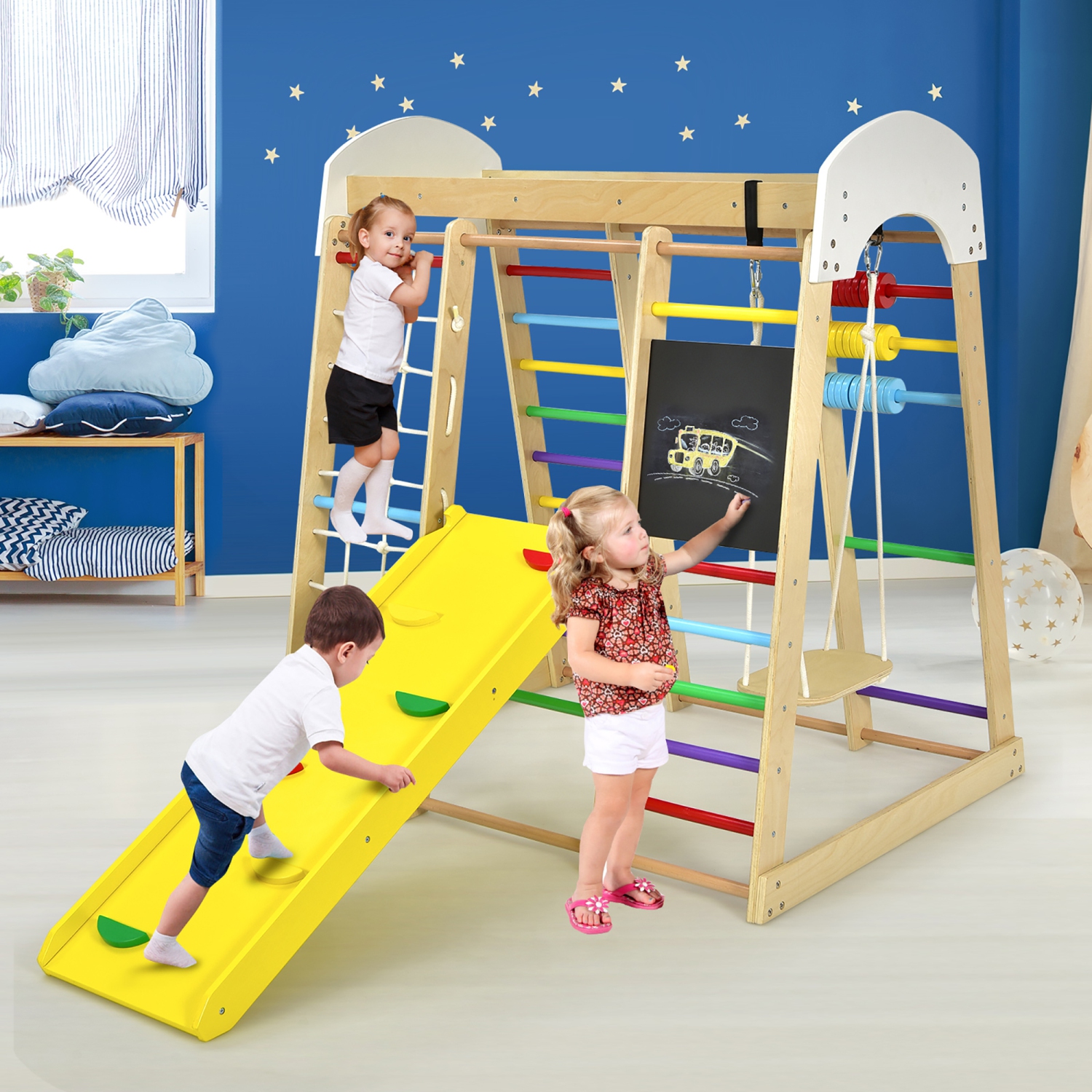Costway Indoor Playground Climbing Gym Kids Wooden 8 in 1 Climber Playset for Children