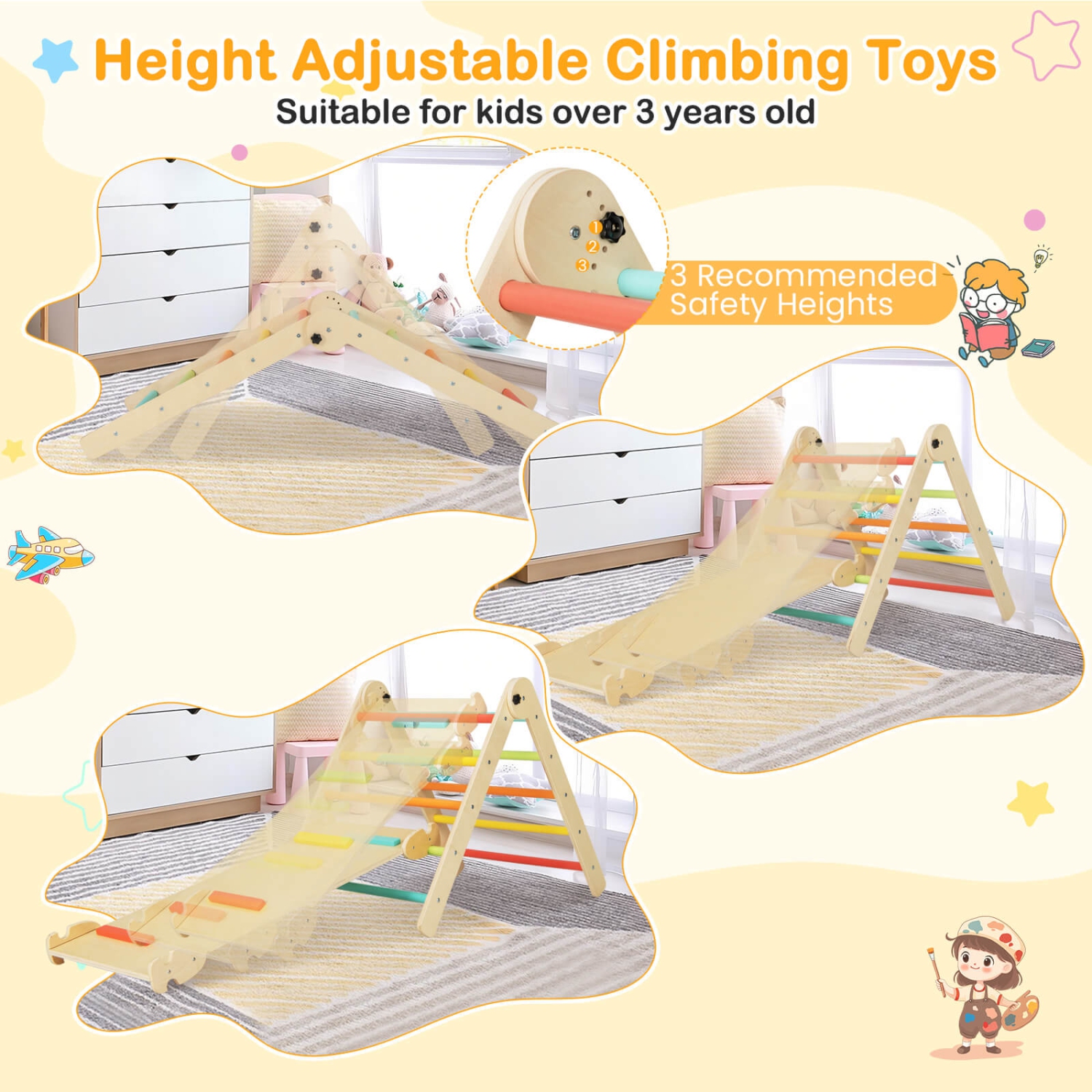 Costway 3-in-1 Triangular Climbing Toys Foldable & Height-adjustable Triangle Set