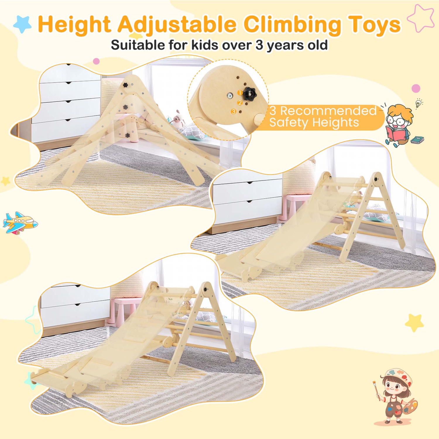 Costway 3-in-1 Triangular Climbing Toys Foldable & Height-adjustable Triangle Set
