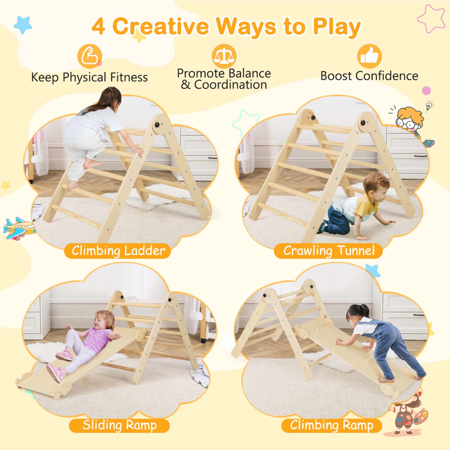 Costway 3-in-1 Triangular Climbing Toys Foldable & Height-adjustable Triangle Set