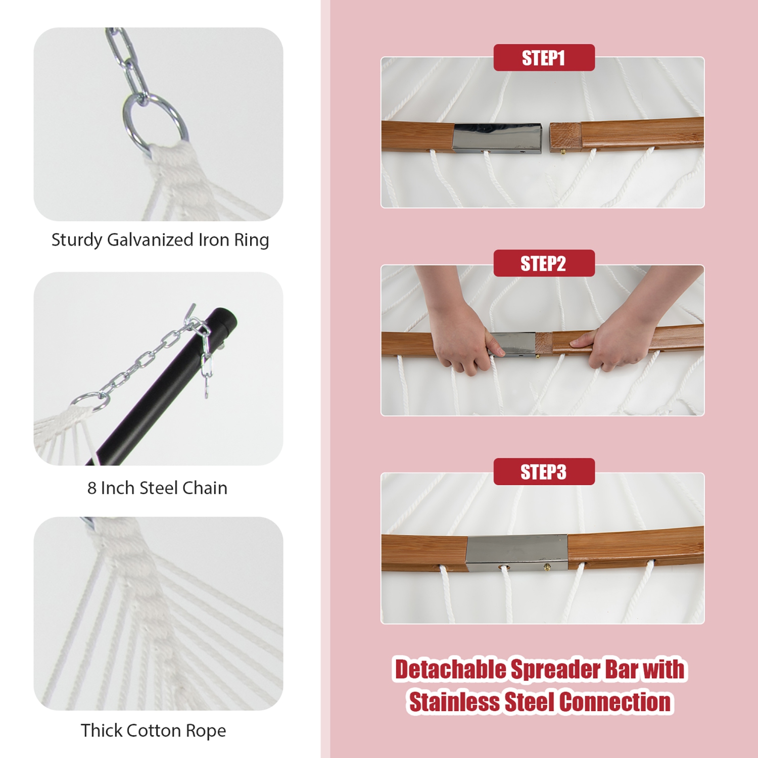 Costway Hammock w/ Pillow Curved Bamboo Spreader Bar Chain Portable Indoor Outdoor