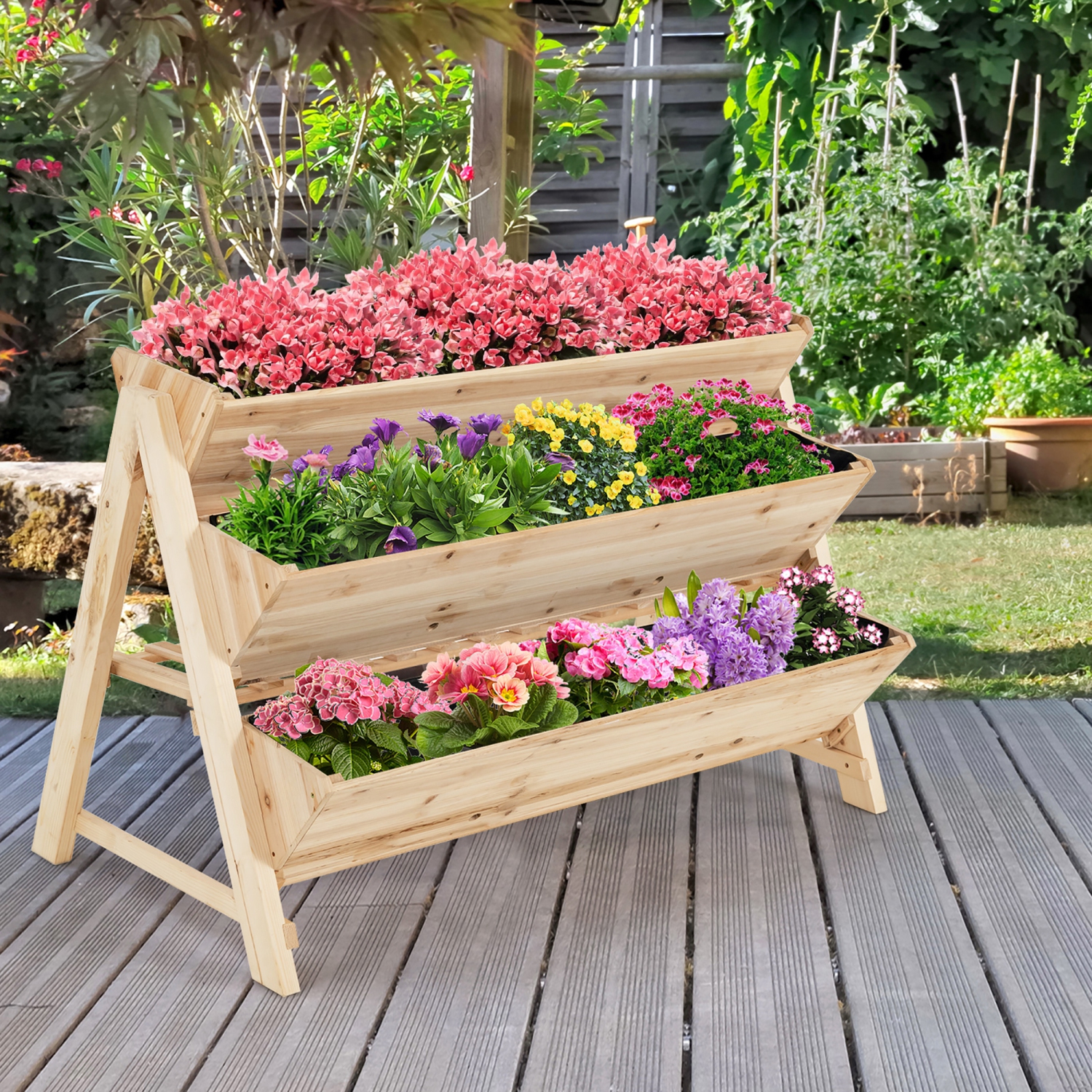 Costway 3 Tier Wooden Vertical Raised Garden Bed w/Storage Shelf, Side Hook & Liners