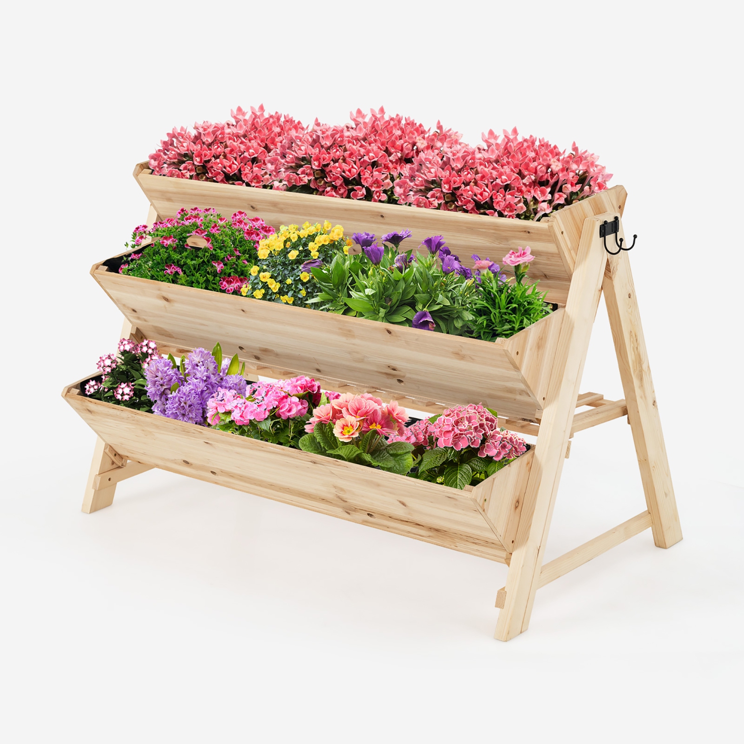 Costway 3 Tier Wooden Vertical Raised Garden Bed w/Storage Shelf, Side Hook & Liners