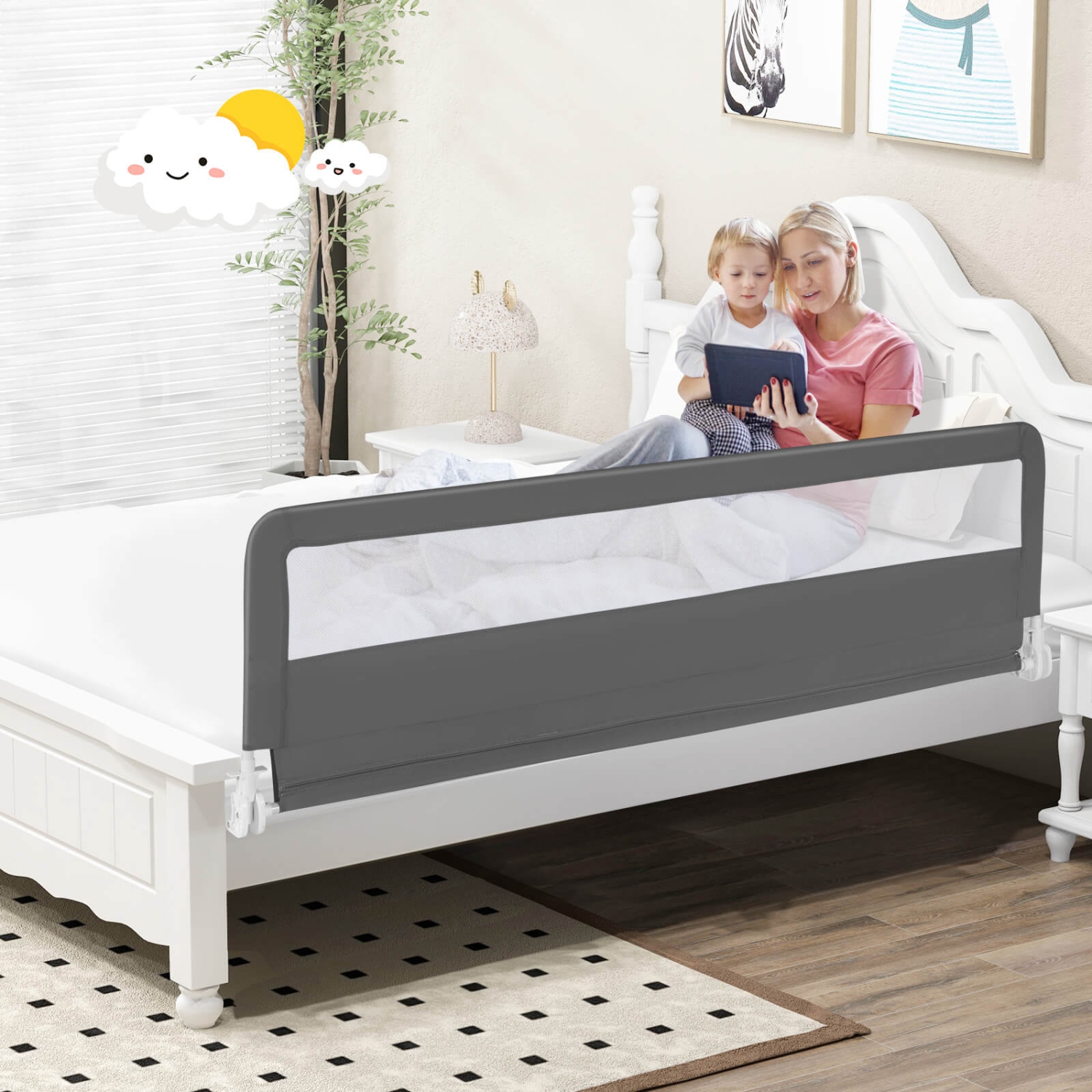 Babyjoy 71" Long Bed Rail for Toddlers with Removable Cover Breathable Mesh & Crossbar