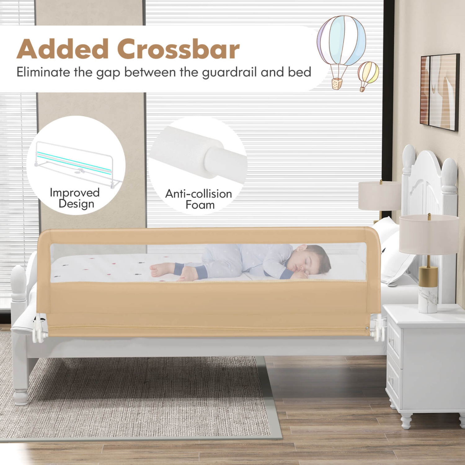 Barrière de lit de 71 po de Babyjoy pour tout-petits avec housse amovible en filet respirant et barre croisée