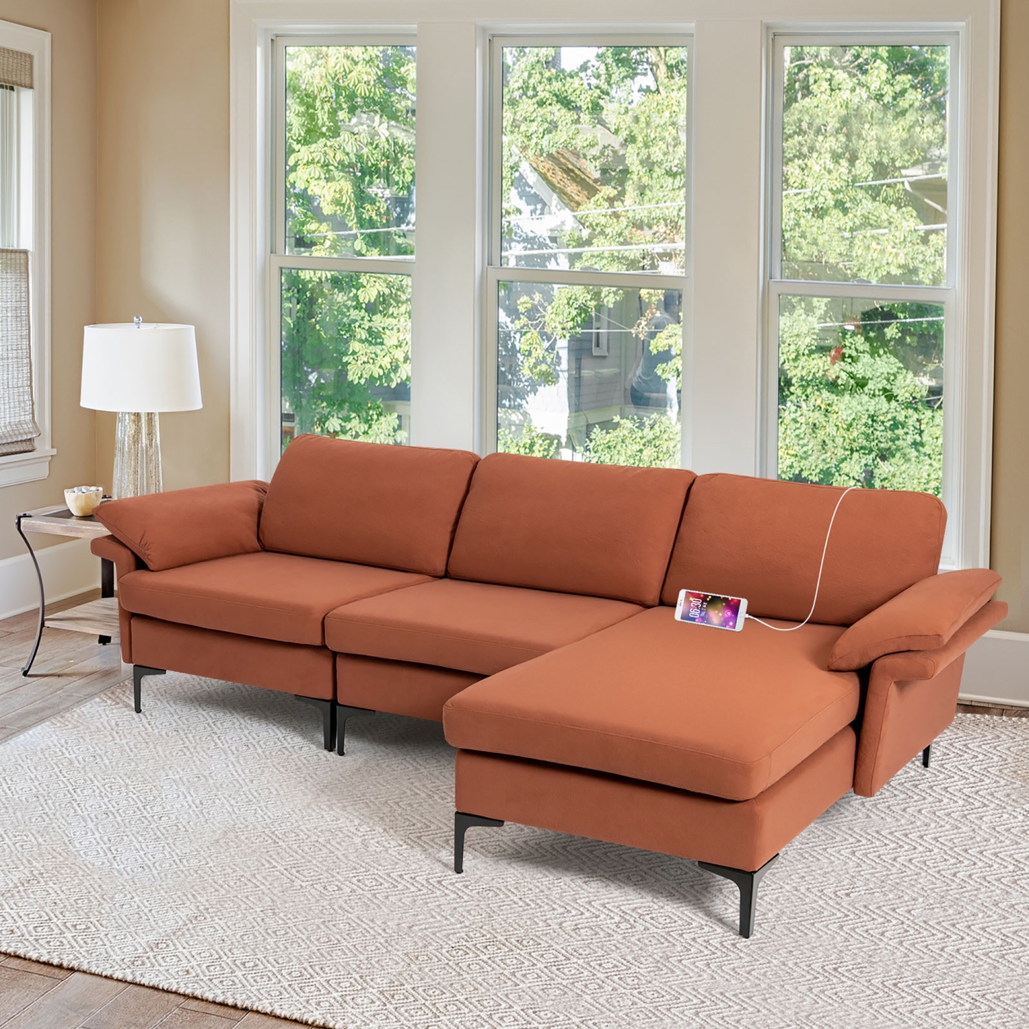 Costway Modern Modular L-shaped Sectional Sofa w/ Reversible Chaise & 2 USB Ports