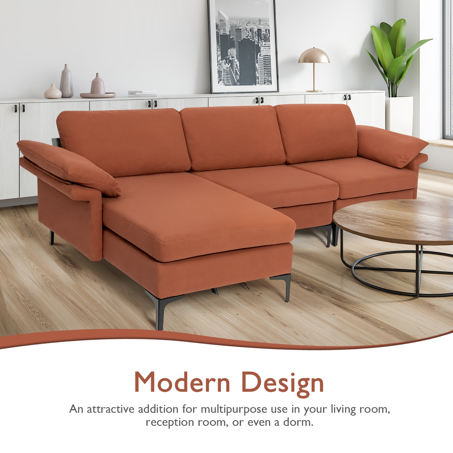 Costway Modern Modular L-shaped Sectional Sofa w/ Reversible Chaise & 2 USB Ports
