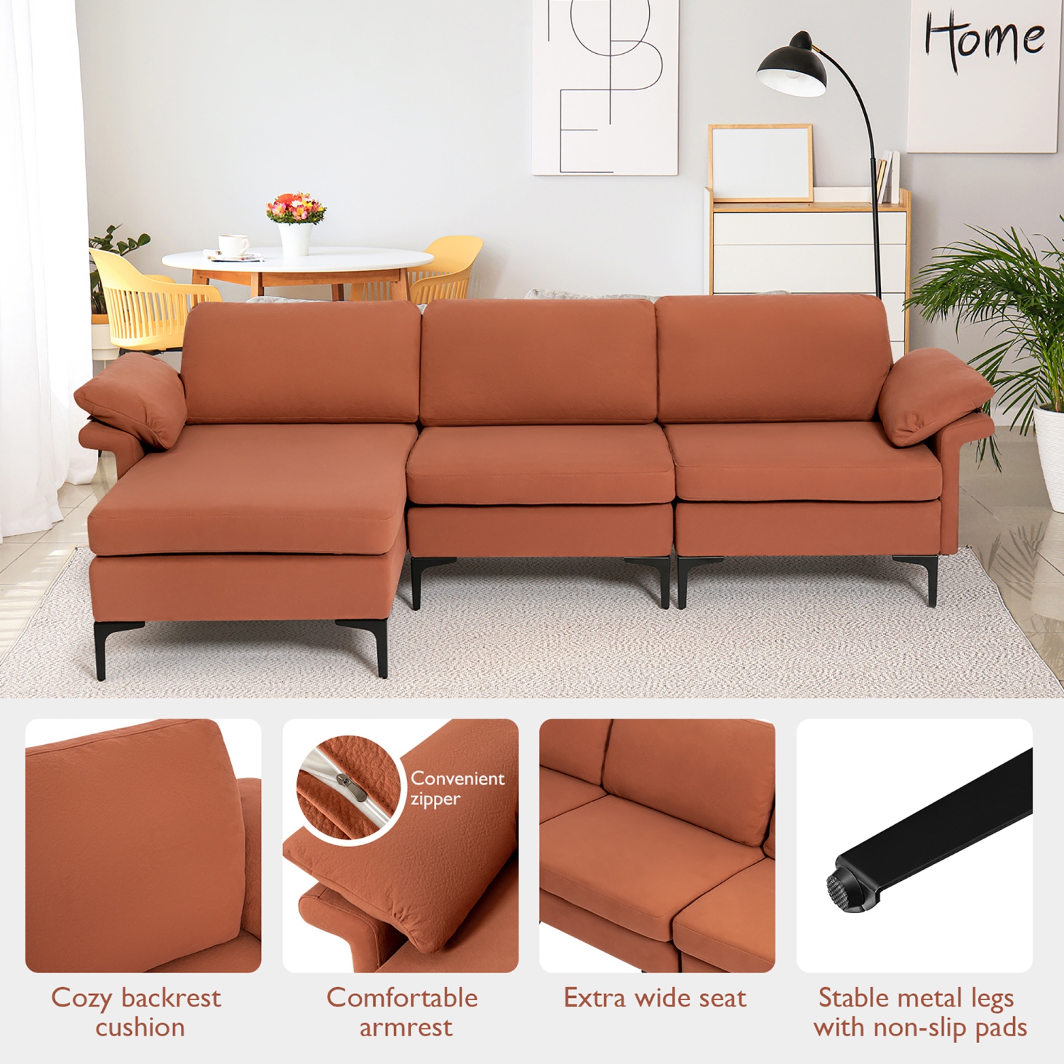 Costway Modern Modular L-shaped Sectional Sofa w/ Reversible Chaise & 2 USB Ports