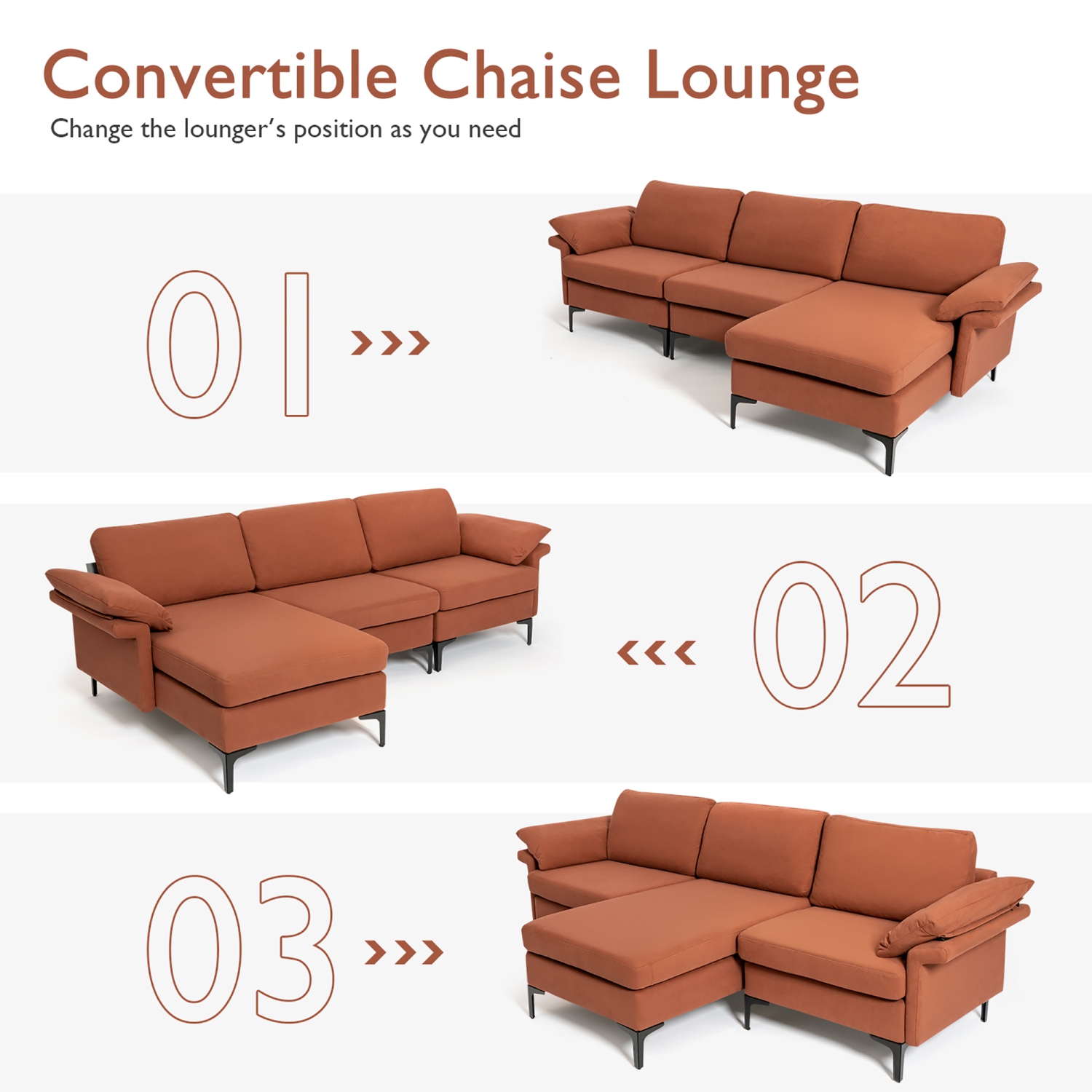 Costway Modern Modular L-shaped Sectional Sofa w/ Reversible Chaise & 2 USB Ports