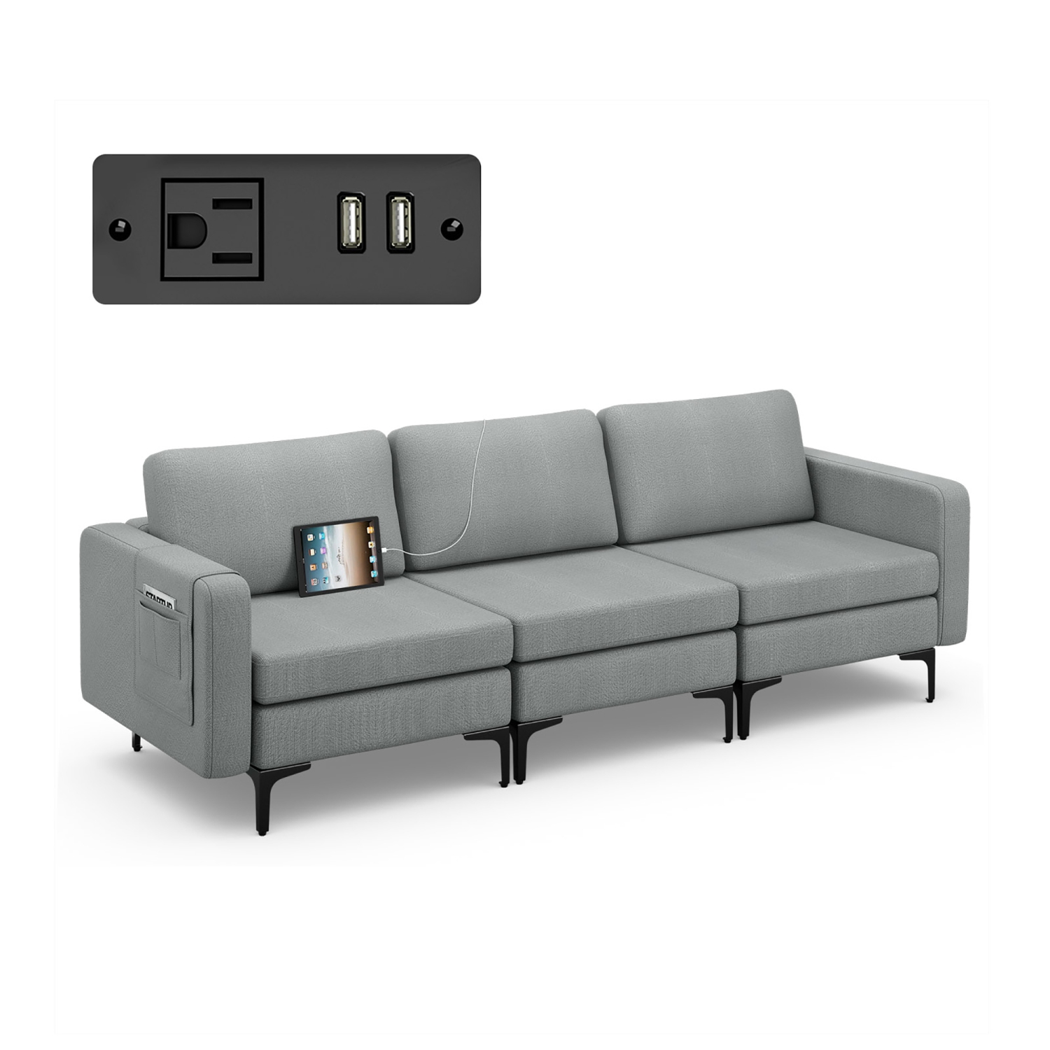 Costway Modular 3-Seat Sofa Couch w/ Socket USB Ports & Side Storage Pocket