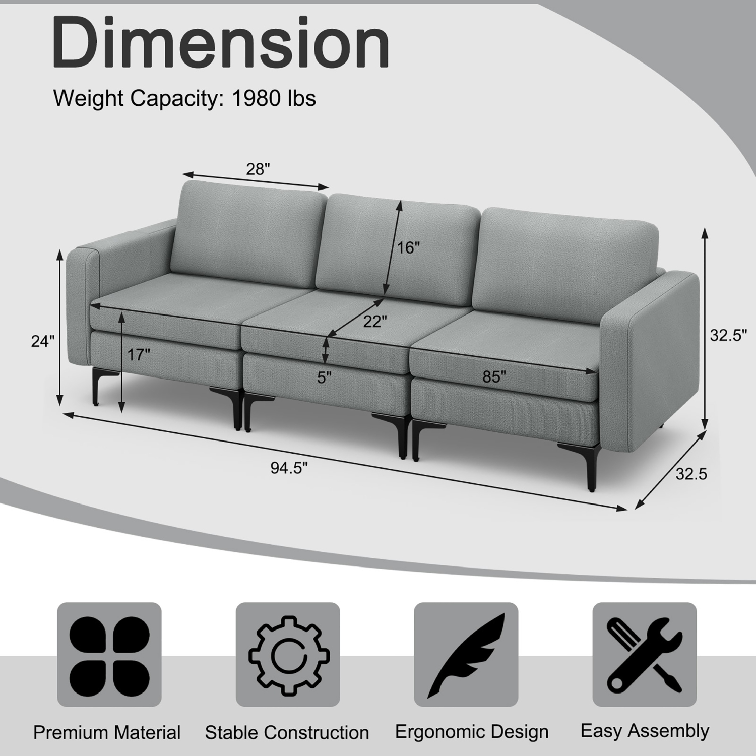 Costway Modular 3-Seat Sofa Couch w/ Socket USB Ports & Side Storage Pocket