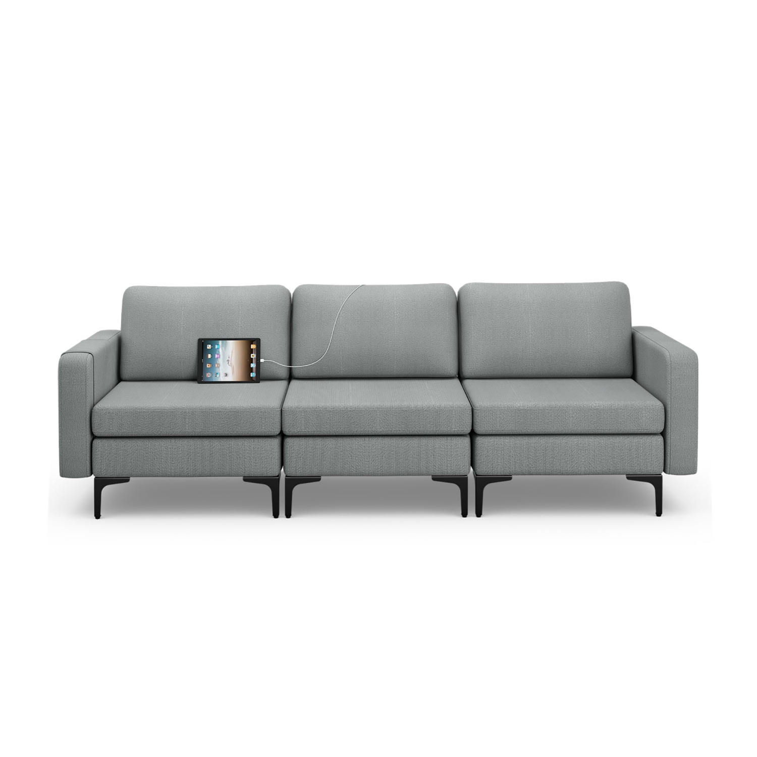 Costway Modular 3-Seat Sofa Couch w/ Socket USB Ports & Side Storage Pocket