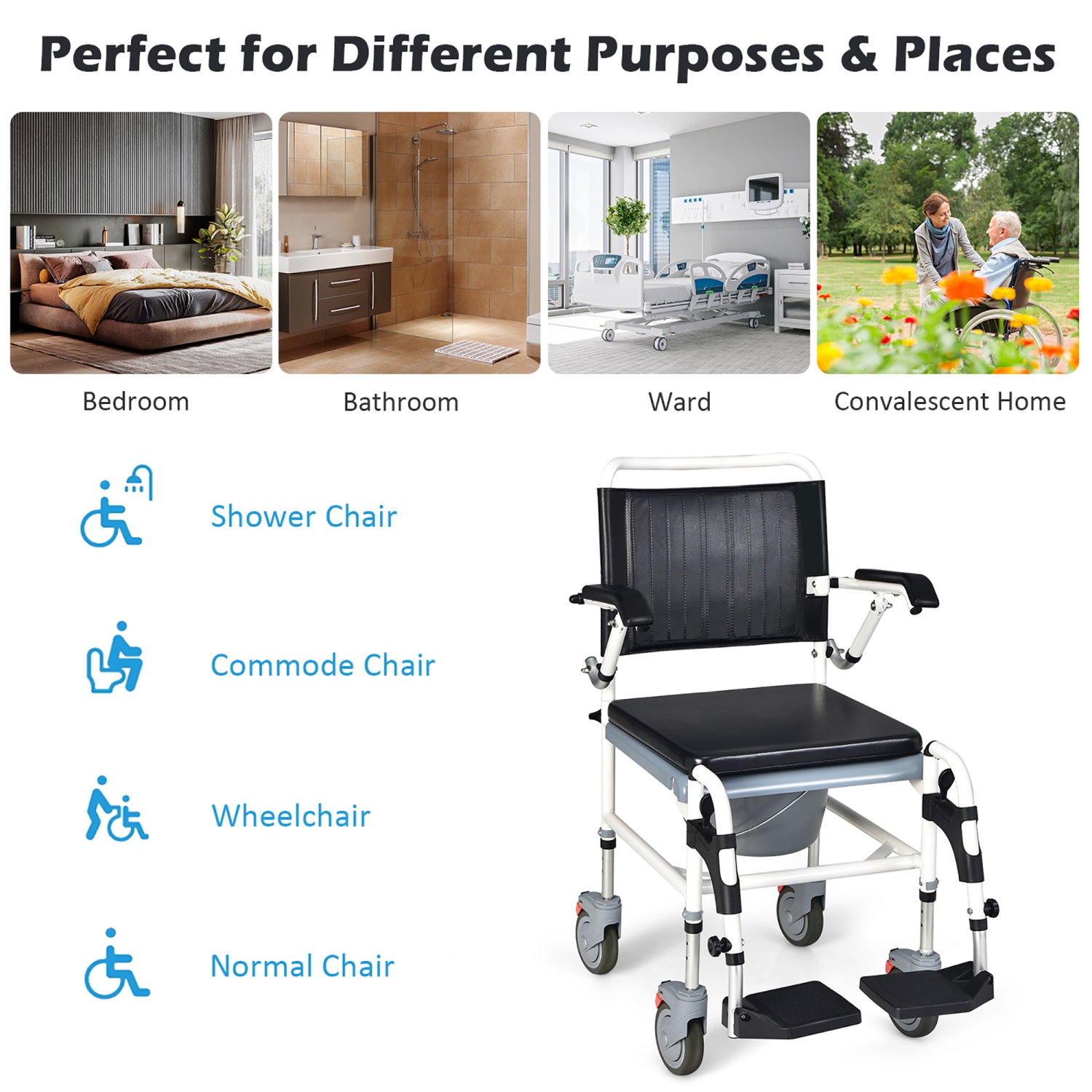 Costway 4-in-1 Bedside Commode Chair w/ Wheel Commode Wheelchair with Detachable Bucket