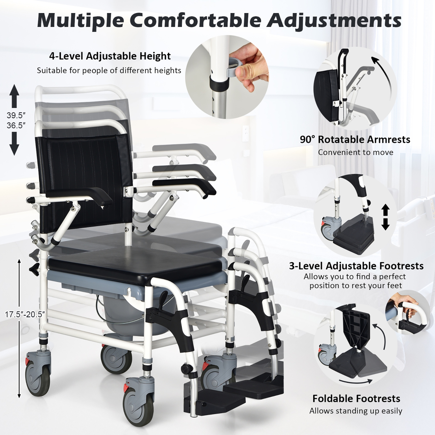 Costway 4-in-1 Bedside Commode Chair w/ Wheel Commode Wheelchair with Detachable Bucket