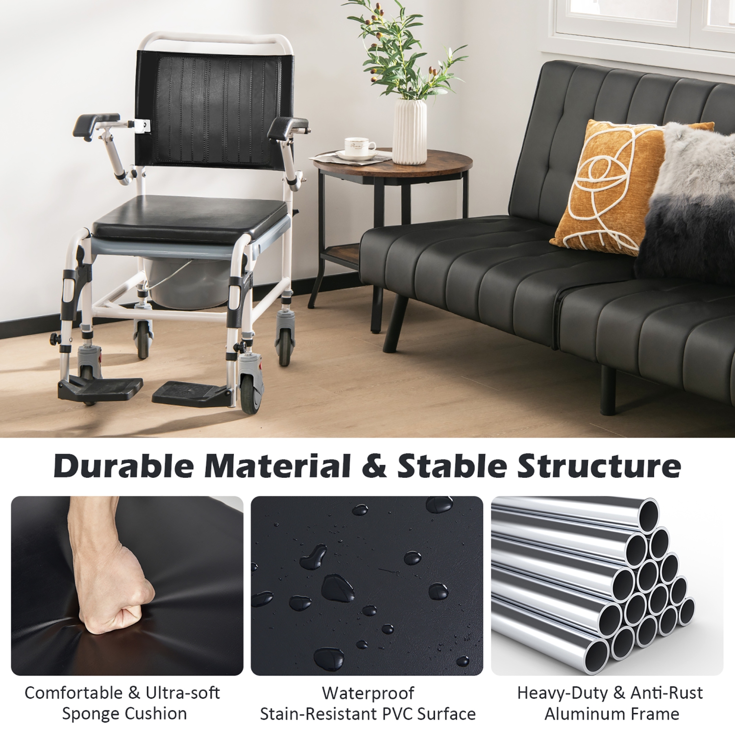 Costway 4-in-1 Bedside Commode Chair w/ Wheel Commode Wheelchair with Detachable Bucket