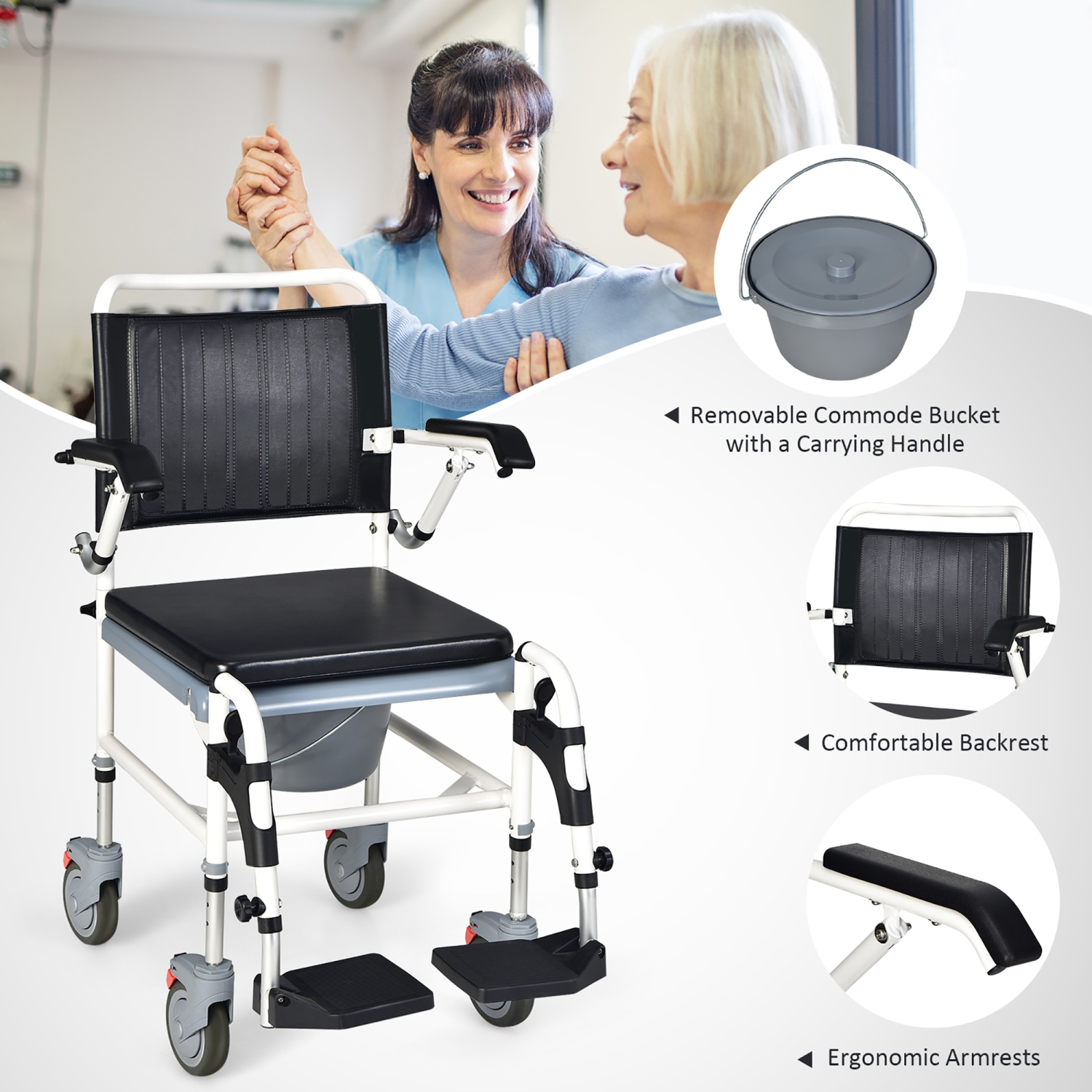 Costway 4-in-1 Bedside Commode Chair w/ Wheel Commode Wheelchair with Detachable Bucket