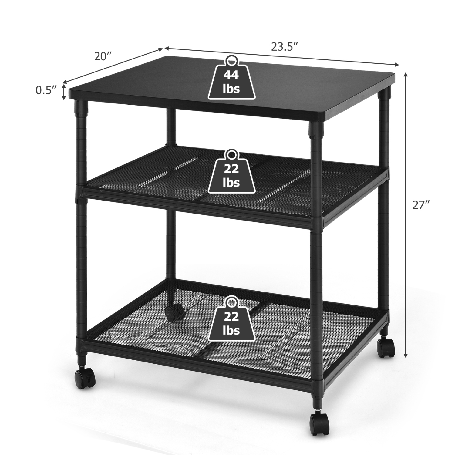 Costway 3-Tier Printer Stand Rolling Fax Cart w/ Adjustable Shelf & Swivel Wheel