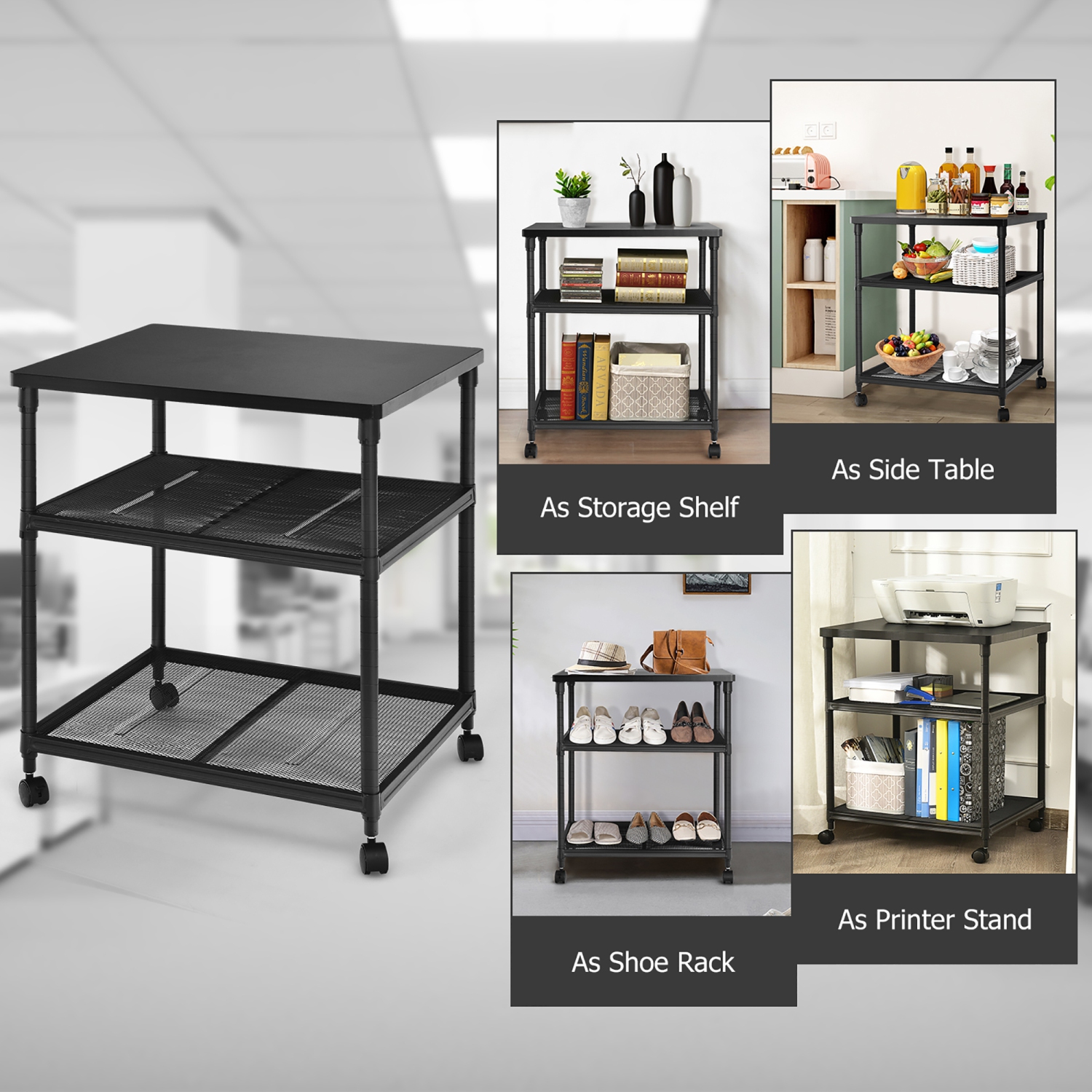 Costway 3-Tier Printer Stand Rolling Fax Cart w/ Adjustable Shelf & Swivel Wheel