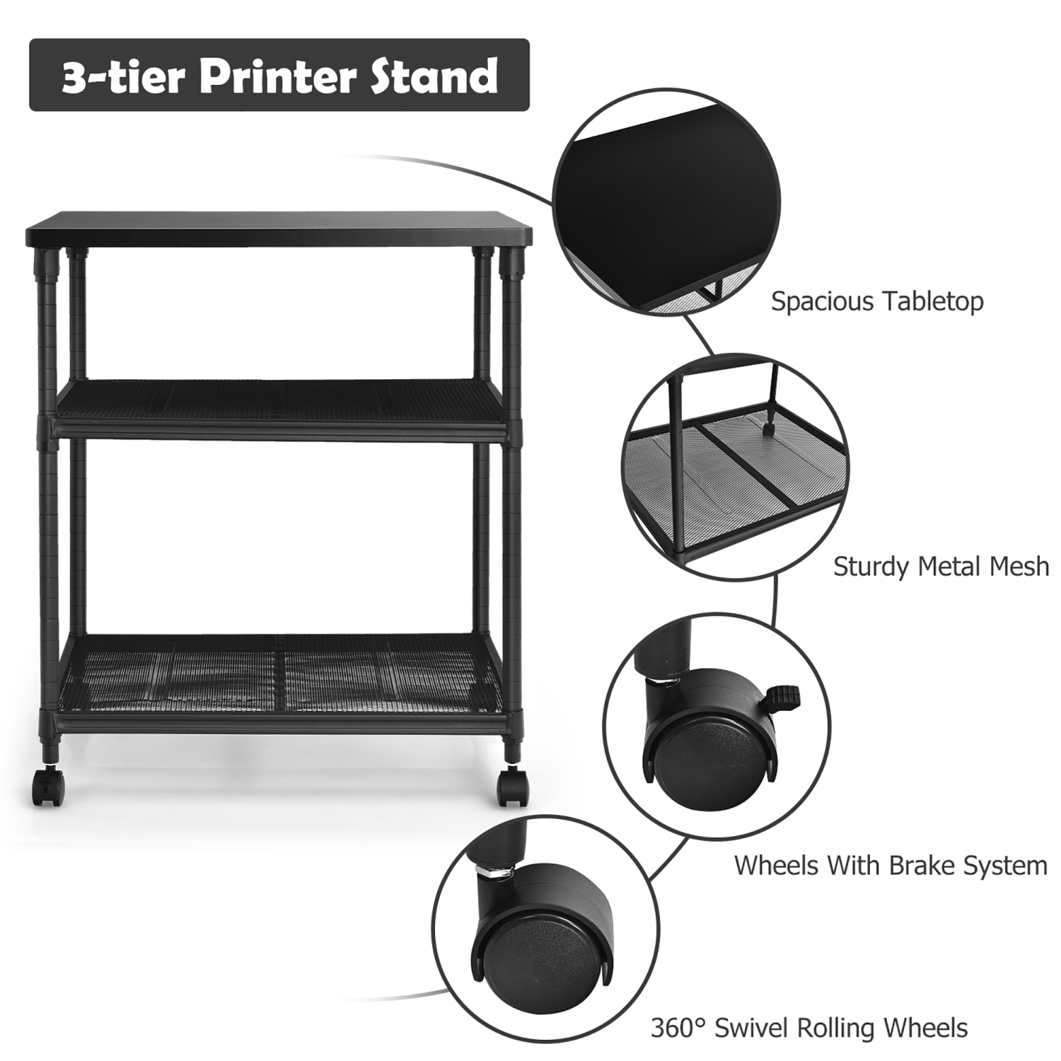 Costway 3-Tier Printer Stand Rolling Fax Cart w/ Adjustable Shelf & Swivel Wheel