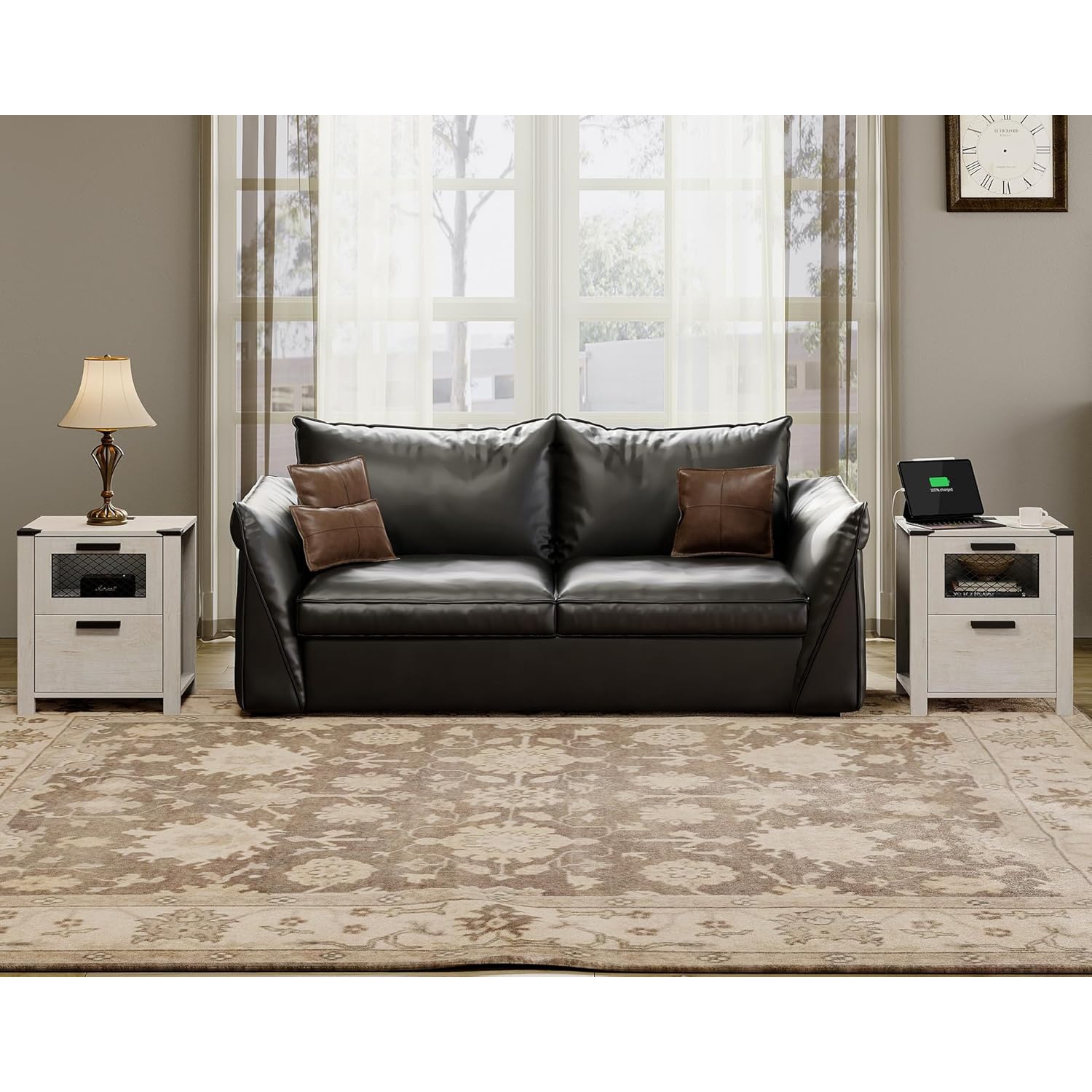 Ensemble de 2 tables de chevet WAMPAT avec station de chargement, table de bout champêtre à 2 tiroirs, table de chevet rustique pour canapé d'appoint