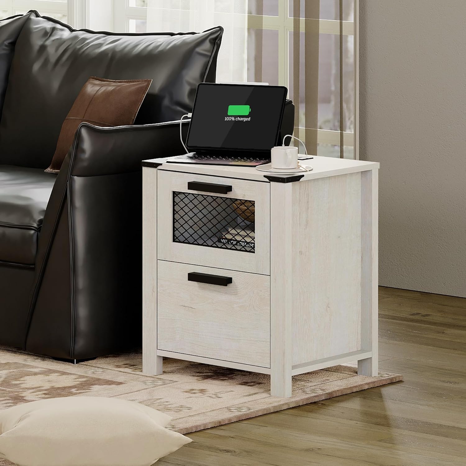 Table de chevet WAMPAT avec station de chargement, table de bout champêtre à 2 tiroirs, table de chevet rustique pour canapé d'appoint pour chambre à