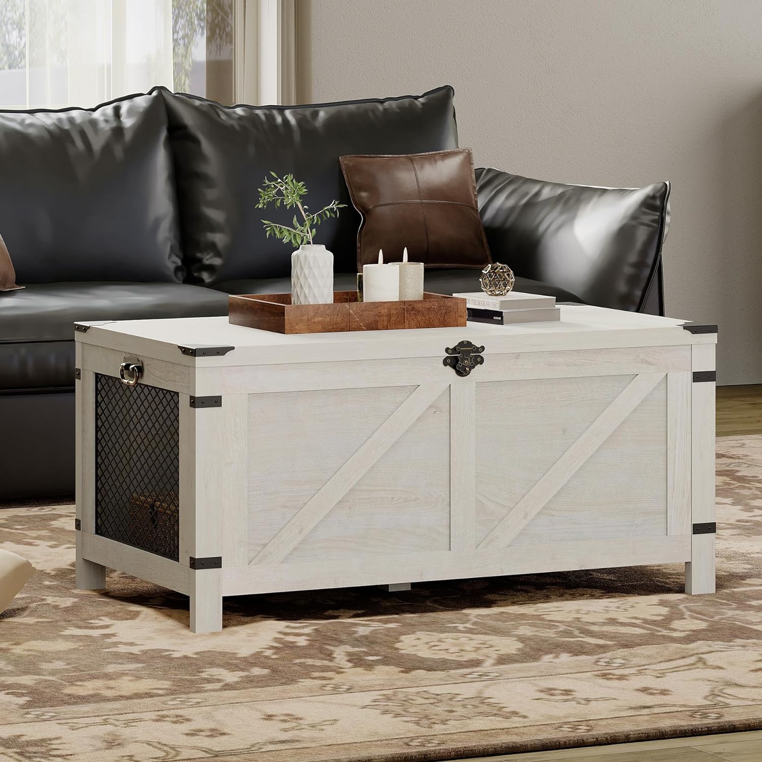 Table basse WAMPAT pour salon, table basse à dessus relevable avec rangement, petits meubles d'appoint avec armoire en filet et verrou rustique,