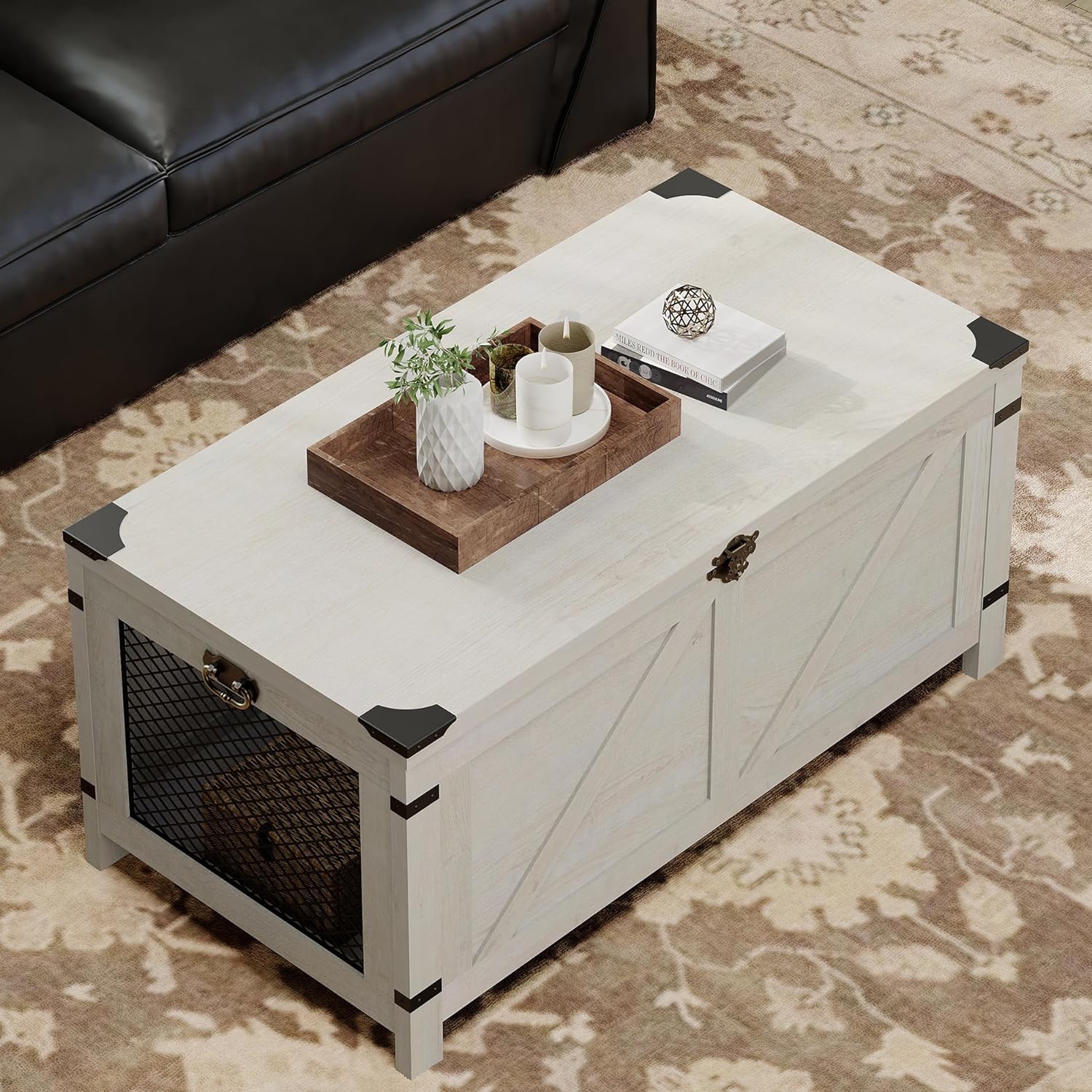 Table basse WAMPAT pour salon, table basse à dessus relevable avec rangement, petits meubles d'appoint avec armoire en filet et verrou rustique,