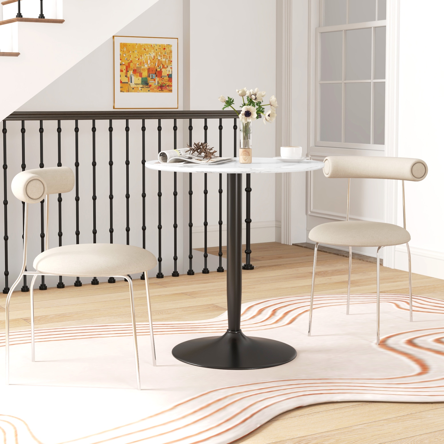 HOMCOM Round Dining Table for 2 People, Modern Kitchen Table with Painted Top and Steel Base for Living Room, Dining Room, White Marble