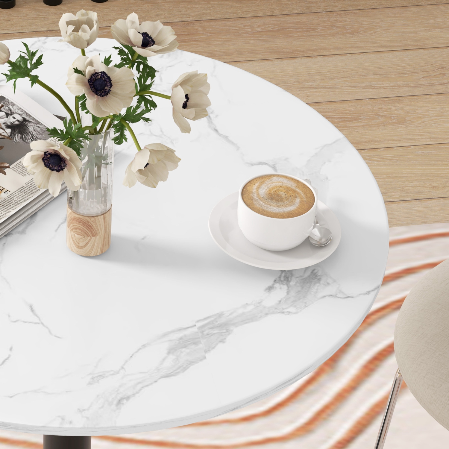 HOMCOM Round Dining Table for 2 People, Modern Kitchen Table with Painted Top and Steel Base for Living Room, Dining Room, White Marble