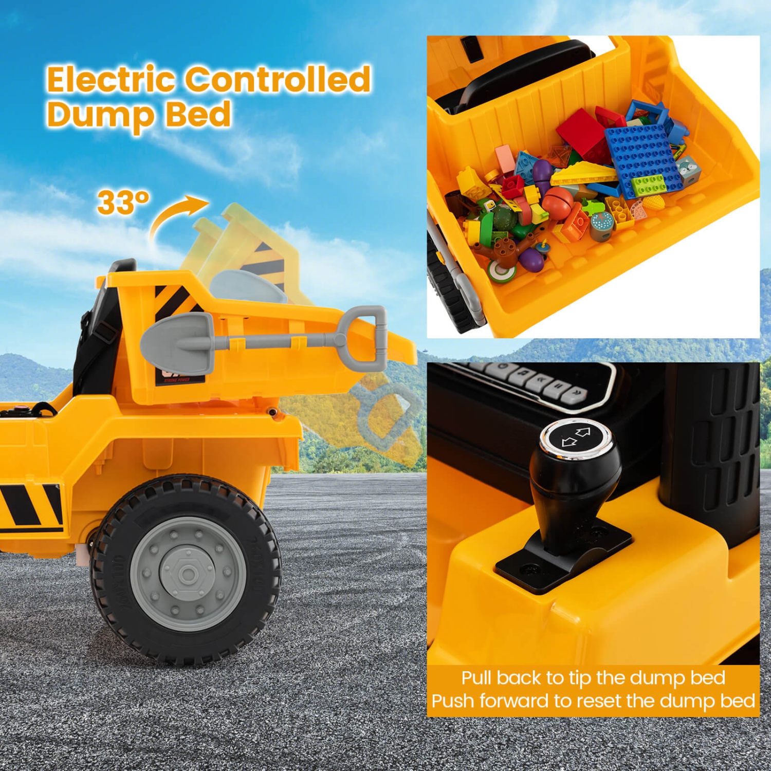 Costway Kids Ride-On Dump Truck with Wireless Connection Music LED Lights Soft Start