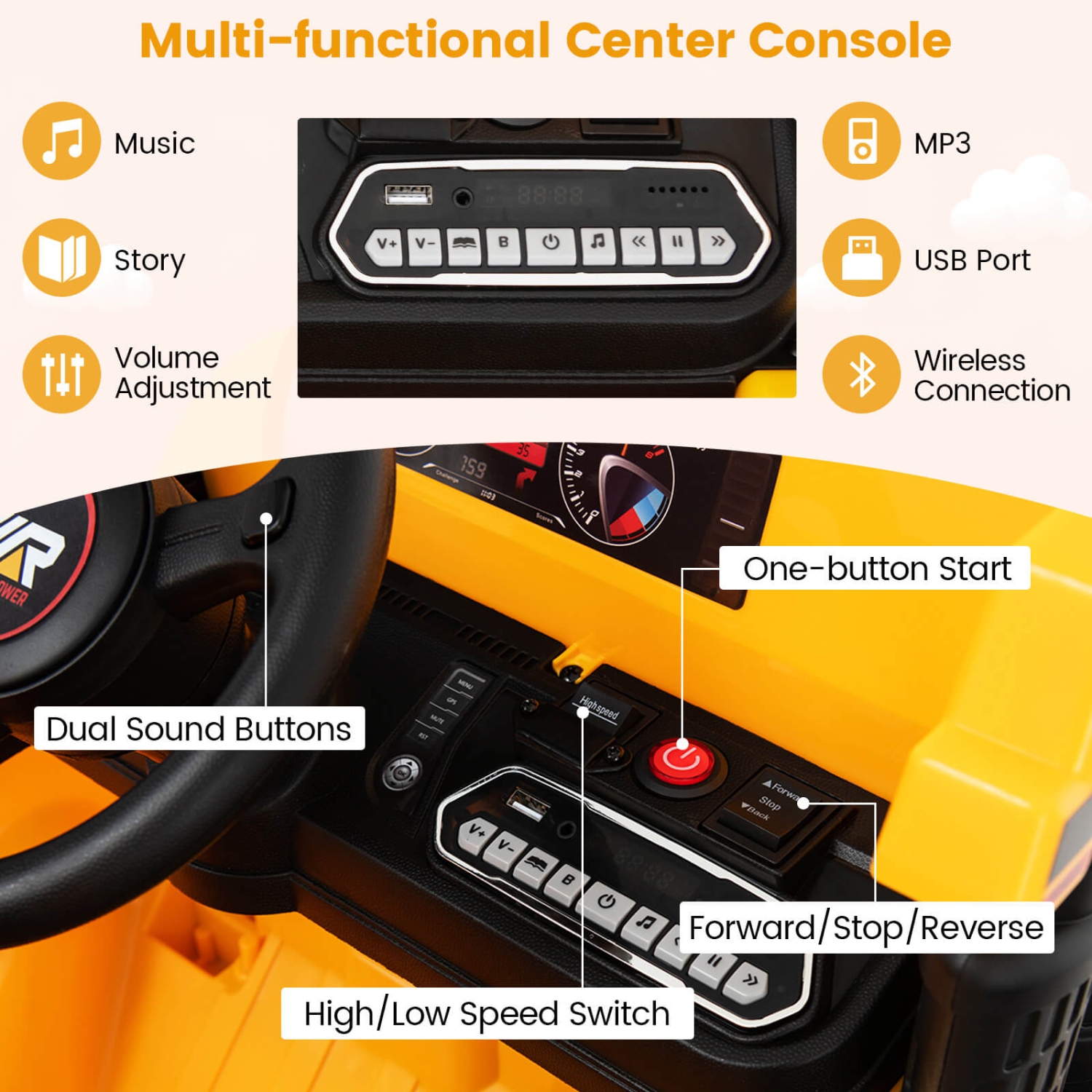 Costway Kids Ride-On Dump Truck with Wireless Connection Music LED Lights Soft Start