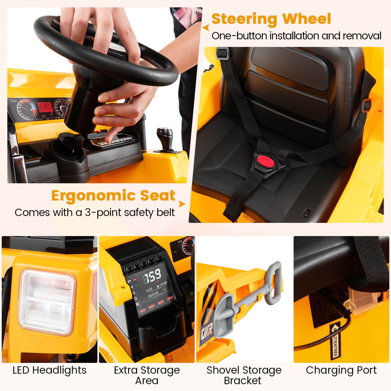 Costway Kids Ride-On Dump Truck with Wireless Connection Music LED Lights Soft Start