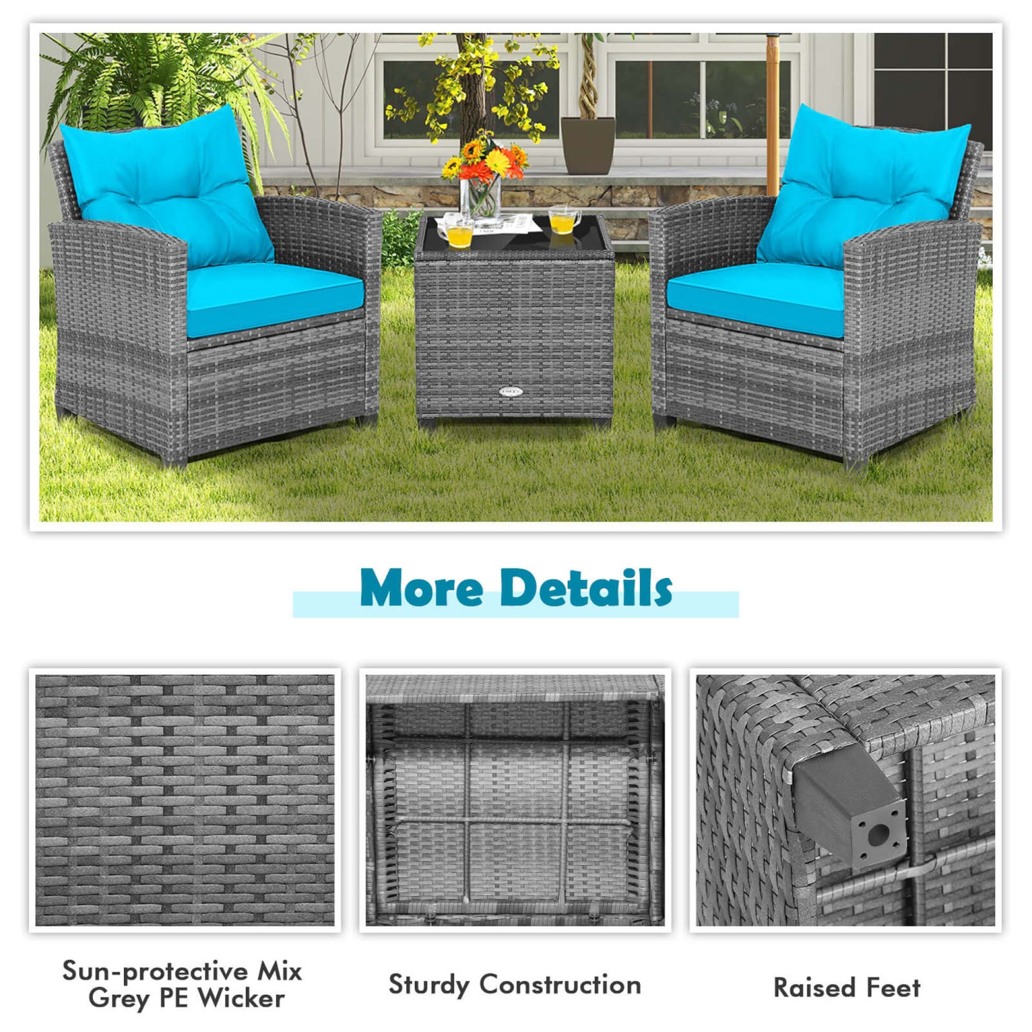 Costway 3PCS Patio Rattan Furniture Bistro Set Cushioned Sofas Side Table Armrest