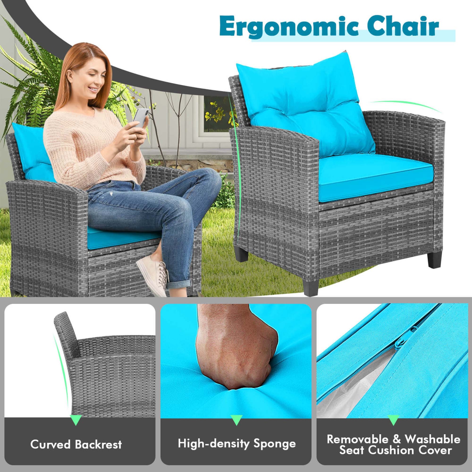 Costway 3PCS Patio Rattan Furniture Bistro Set Cushioned Sofas Side Table Armrest