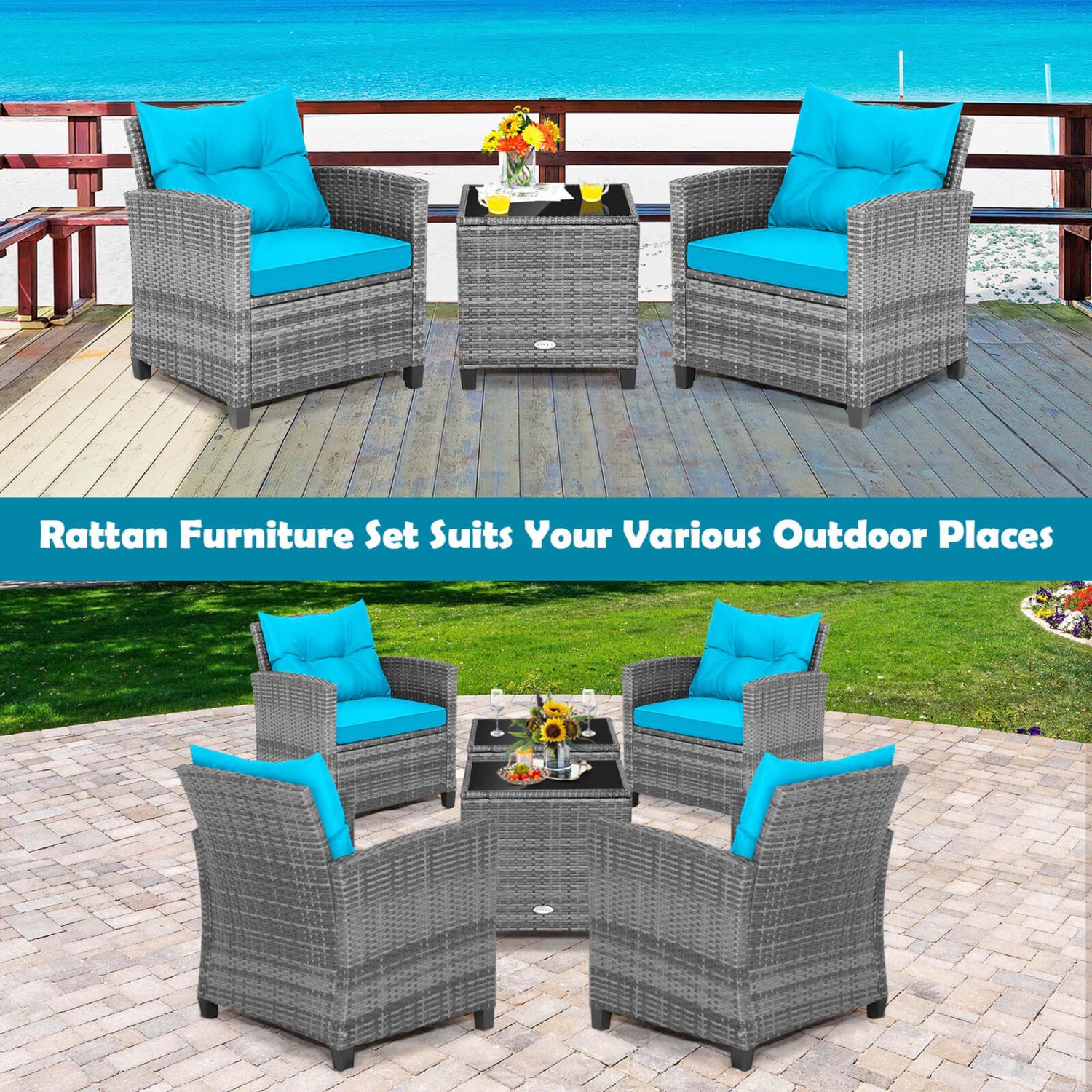 Costway 3PCS Patio Rattan Furniture Bistro Set Cushioned Sofas Side Table Armrest