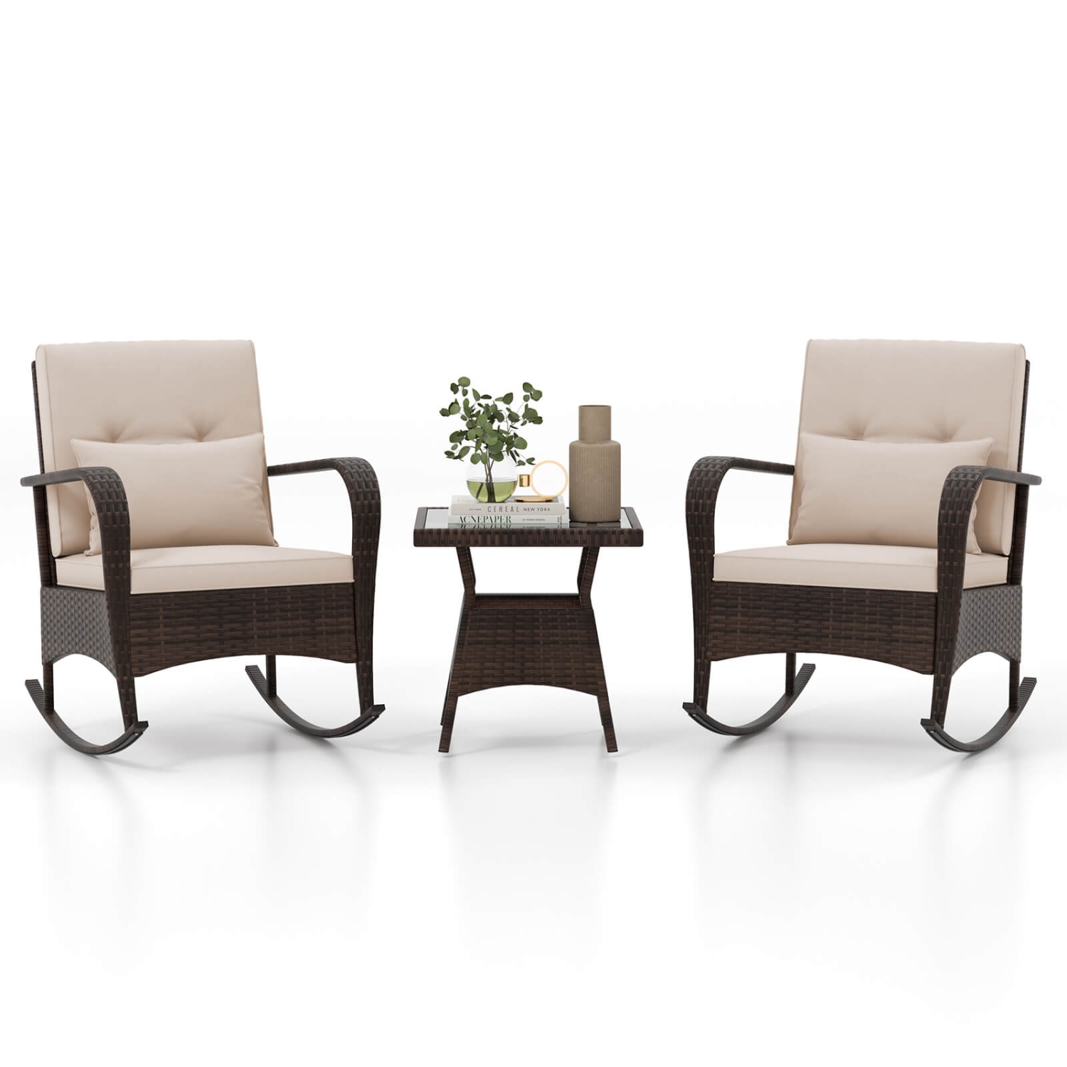 Costway 3 PCS Rocking Bistro Set with Removable Cushions & Tempered Glass Top Coffee Table