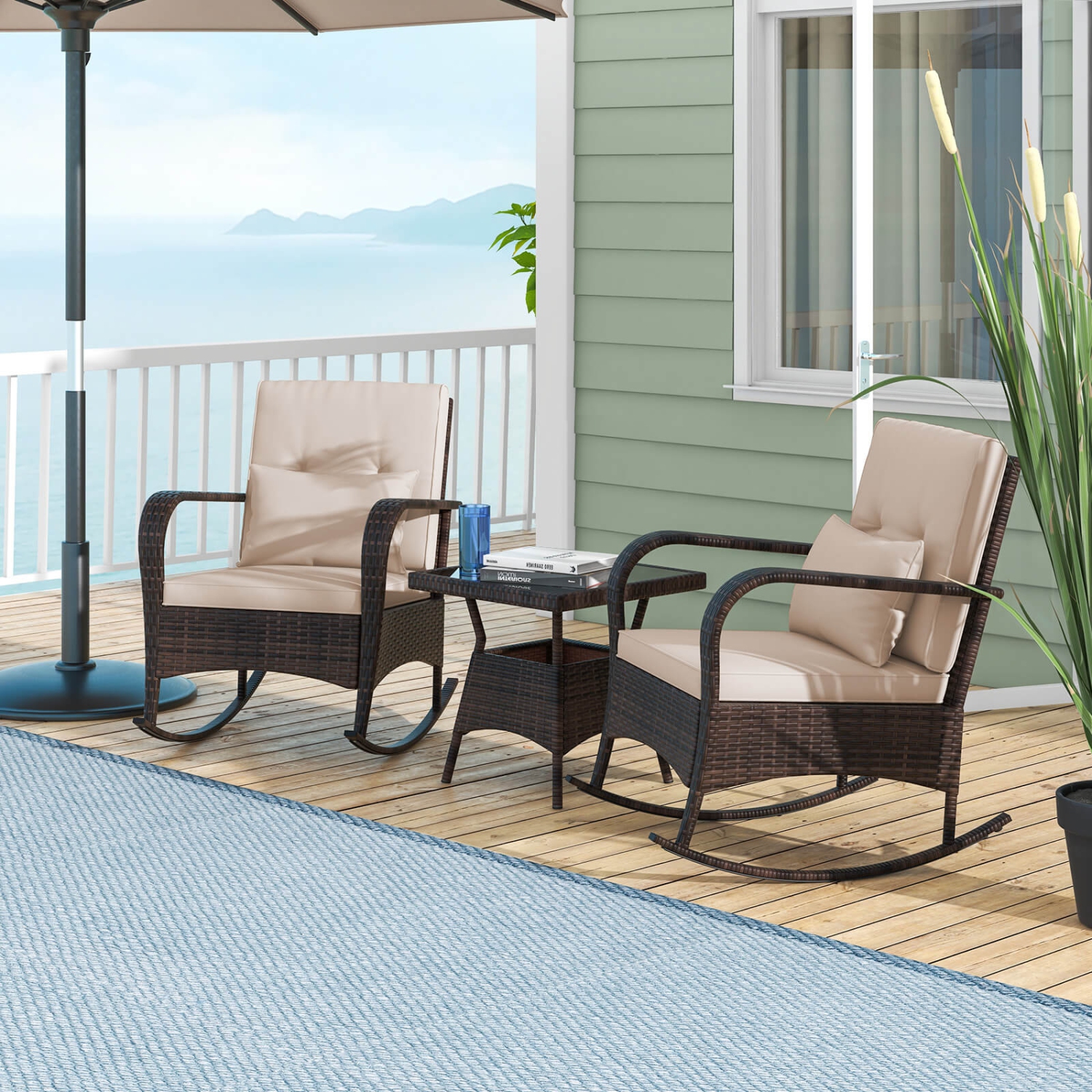 Costway 3 PCS Rocking Bistro Set with Removable Cushions & Tempered Glass Top Coffee Table