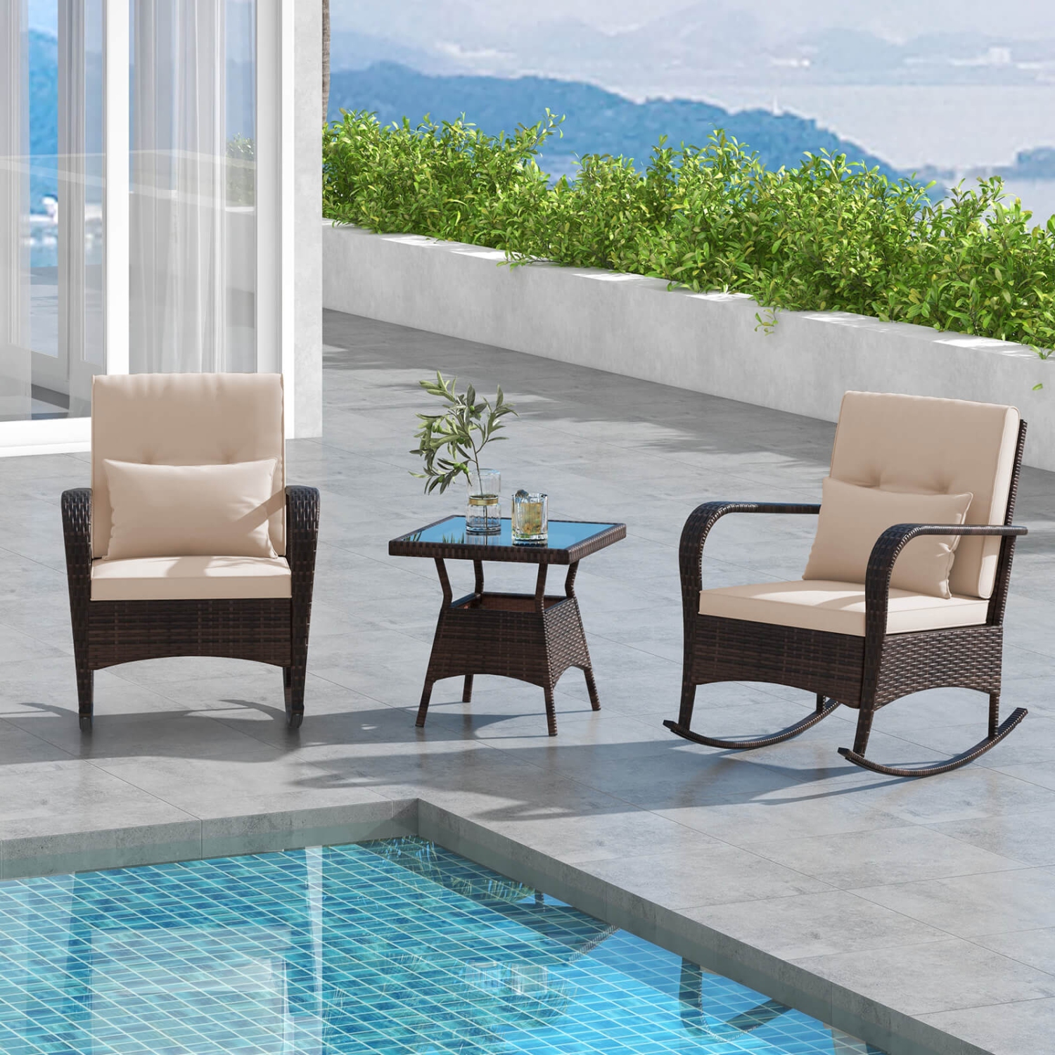 Costway 3 PCS Rocking Bistro Set with Removable Cushions & Tempered Glass Top Coffee Table
