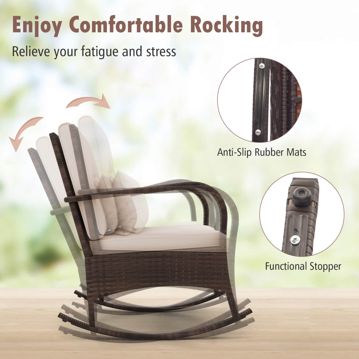 Costway 3 PCS Rocking Bistro Set with Removable Cushions & Tempered Glass Top Coffee Table