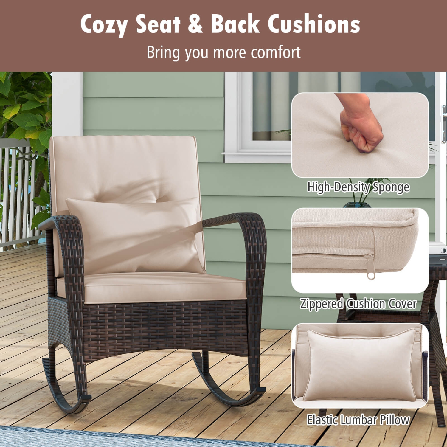 Costway 3 PCS Rocking Bistro Set with Removable Cushions & Tempered Glass Top Coffee Table