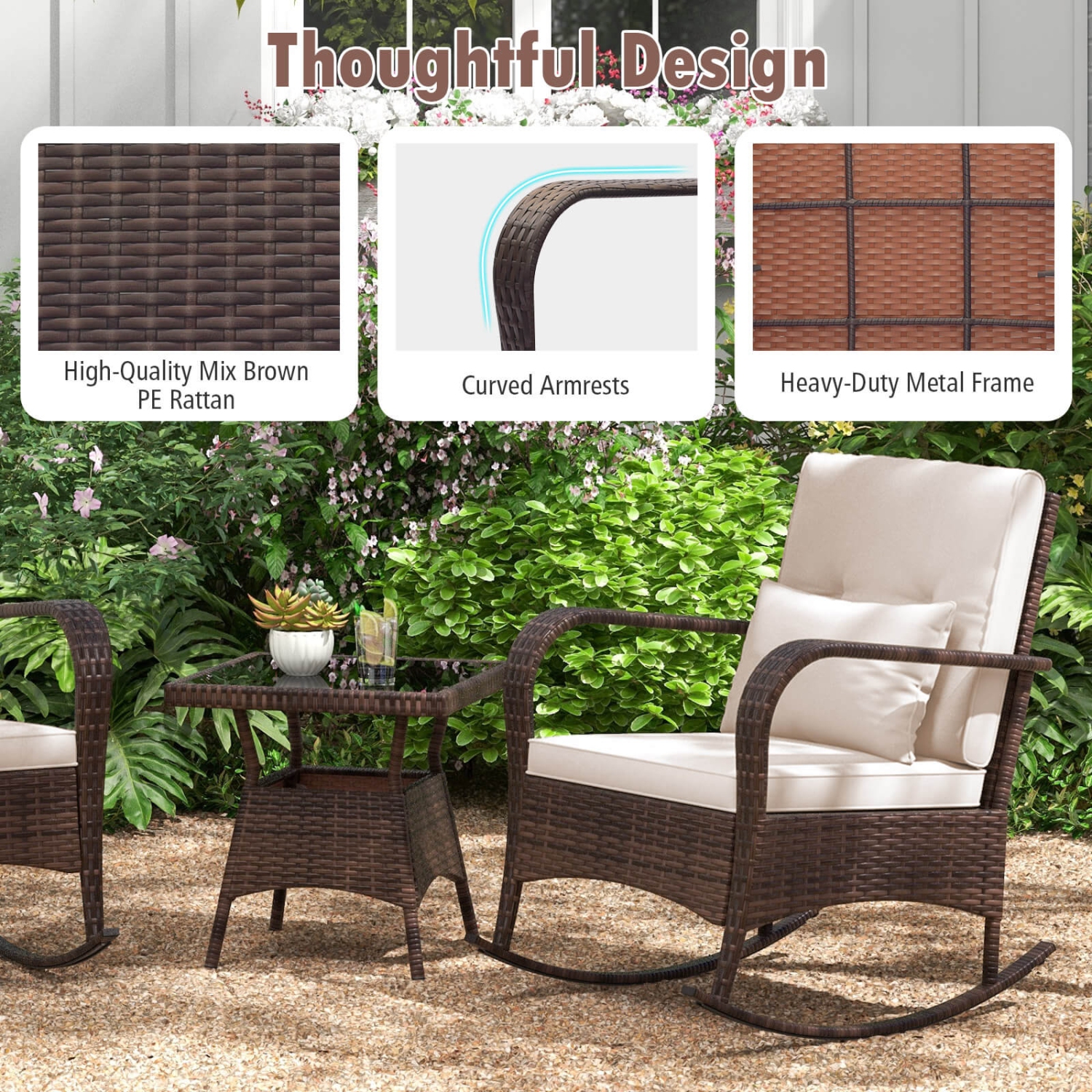 Costway 3 PCS Rocking Bistro Set with Removable Cushions & Tempered Glass Top Coffee Table