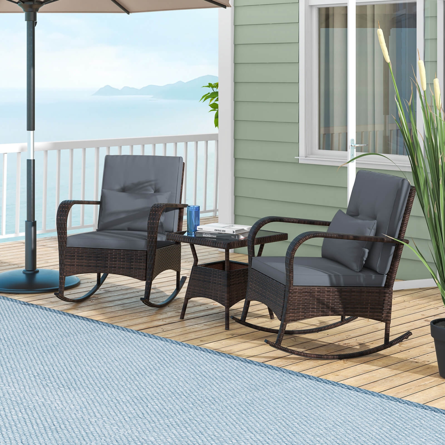 Costway 3 PCS Rocking Bistro Set with Removable Cushions & Tempered Glass Top Coffee Table