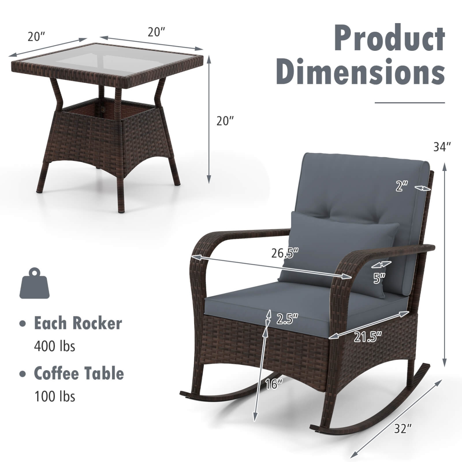 Costway 3 PCS Rocking Bistro Set with Removable Cushions & Tempered Glass Top Coffee Table