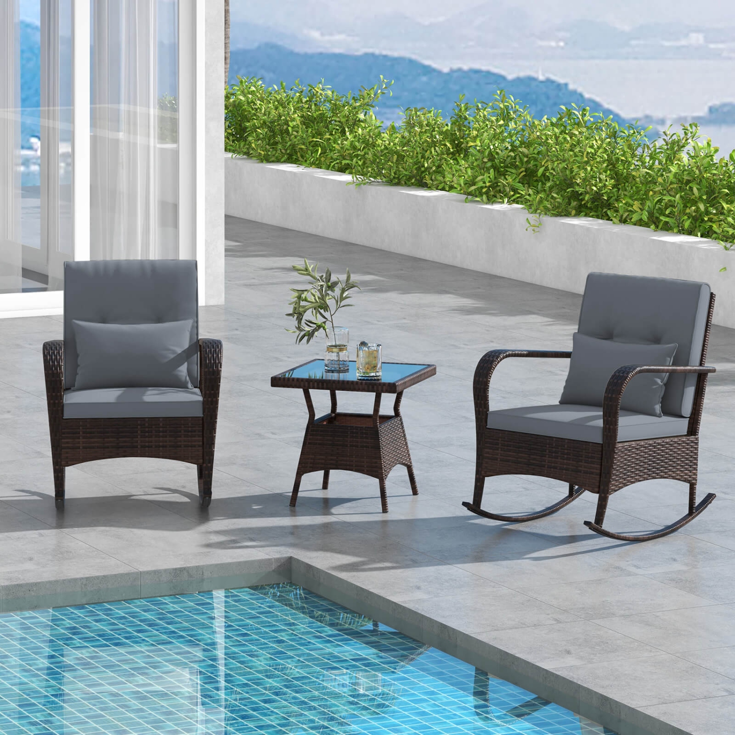 Costway 3 PCS Rocking Bistro Set with Removable Cushions & Tempered Glass Top Coffee Table
